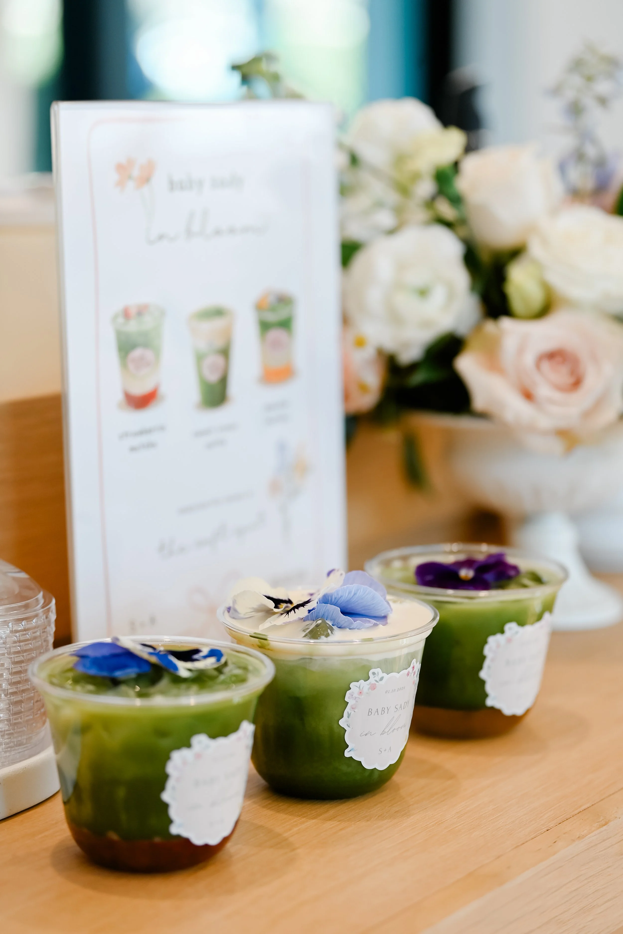 Matcha drinks displayed on the bar prepared by The Soft Spot for a private event