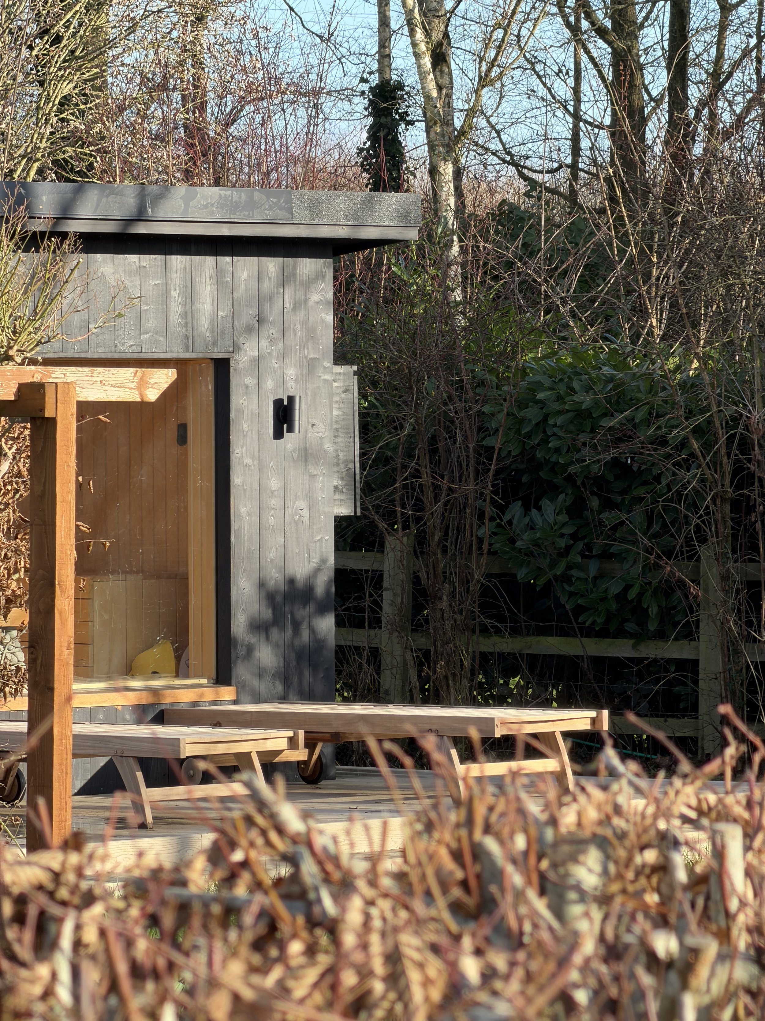 Exterior of our own Grain Saunas - handmade in hertfordshire