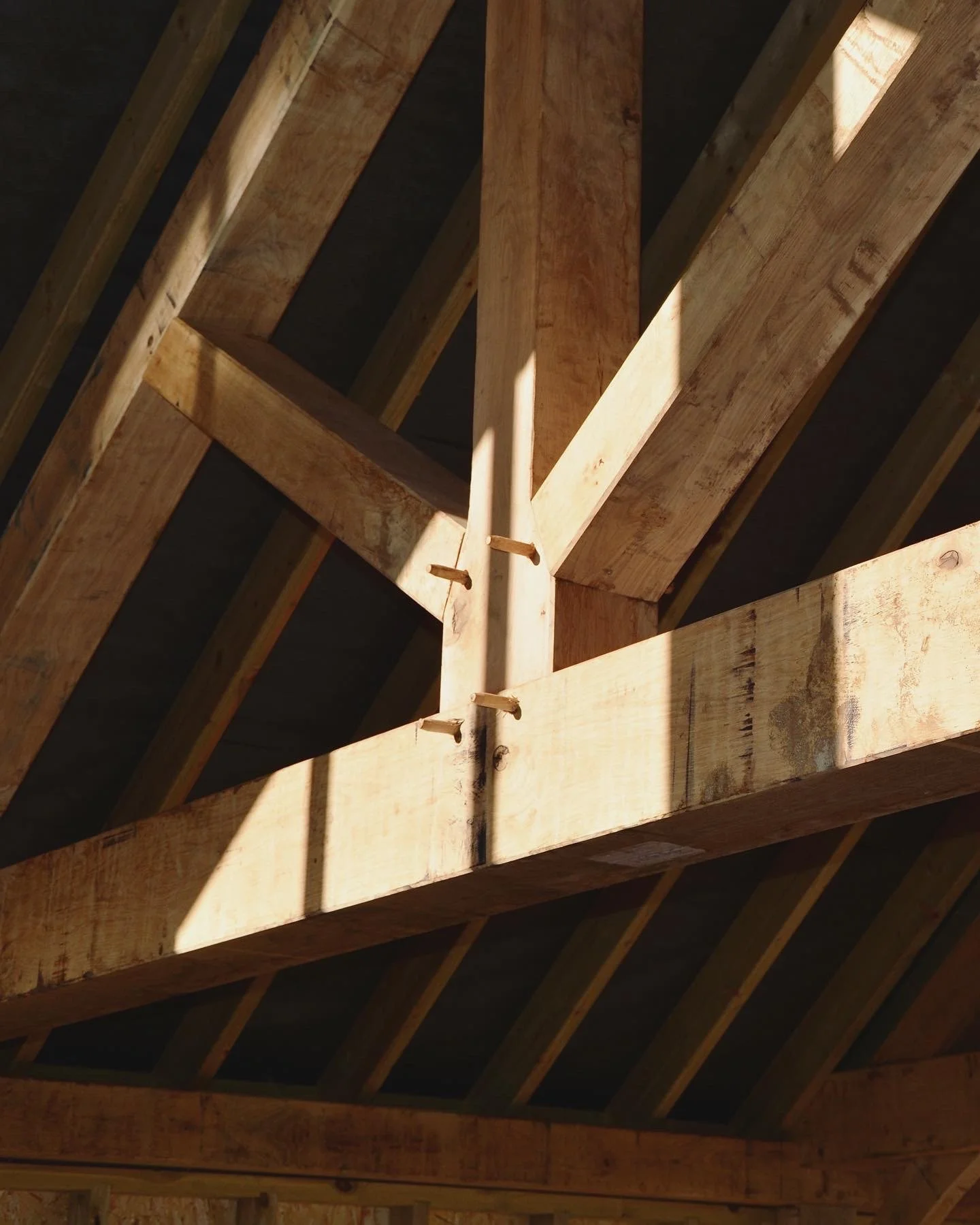Interior view of a building under construction, showing exposed wooden roof trusses and beams with sunlight casting shadows.