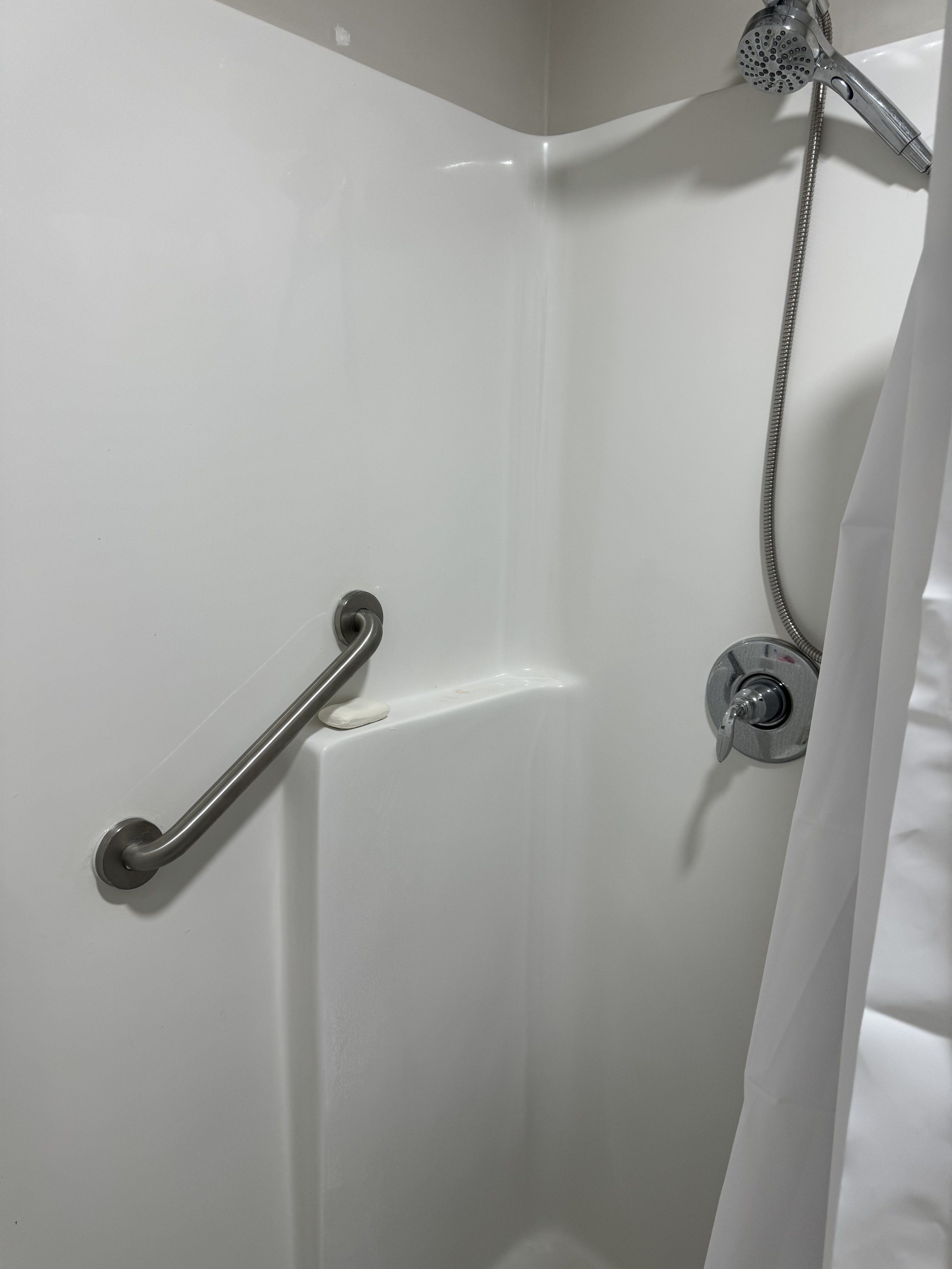 Inside a zero-entry shower featuring a grab bar, built-in shelves, and an adjustable showerhead for accessibility.