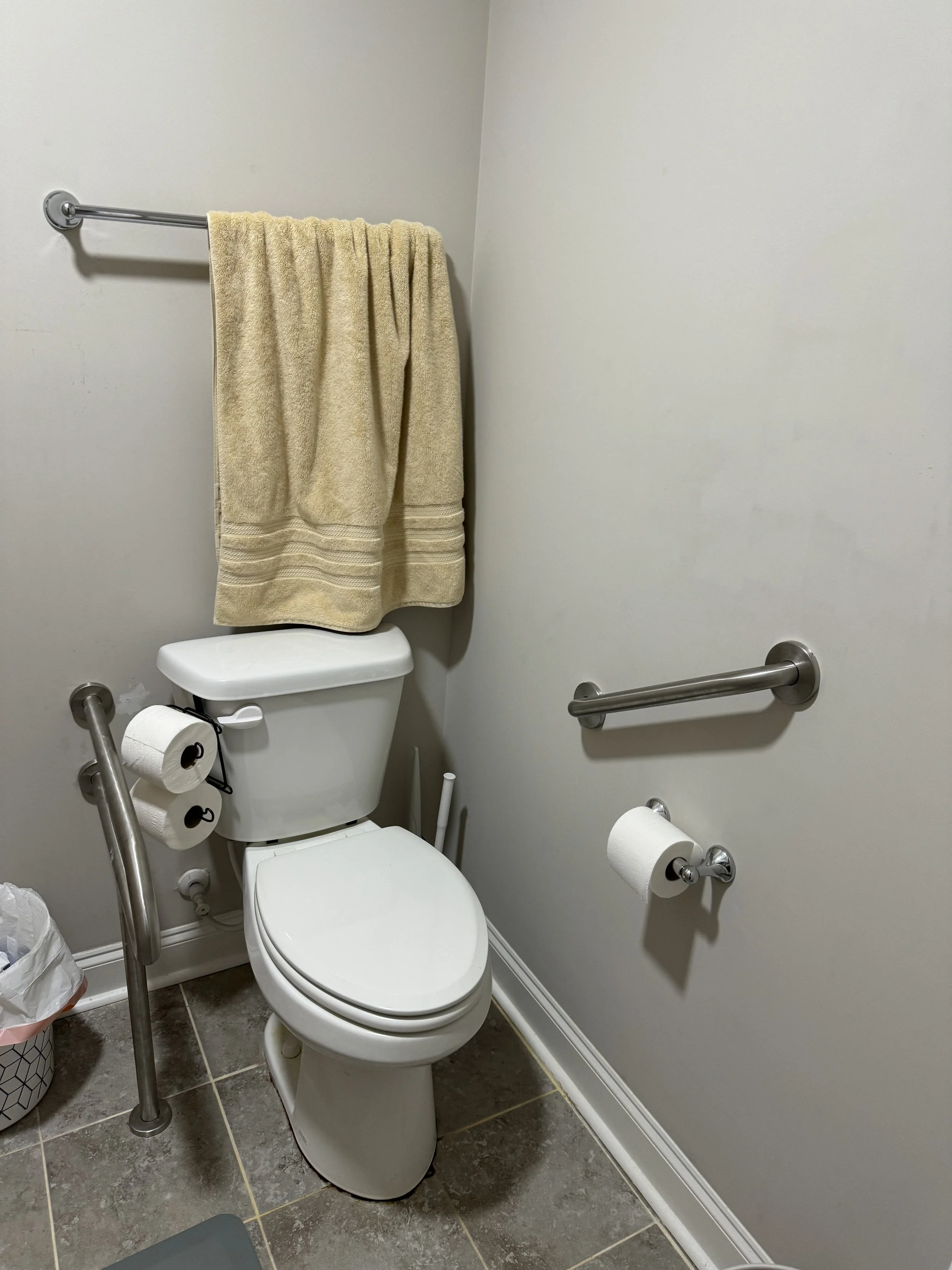 Stainless grab bar installed beside a toilet in an Orange Beach condo