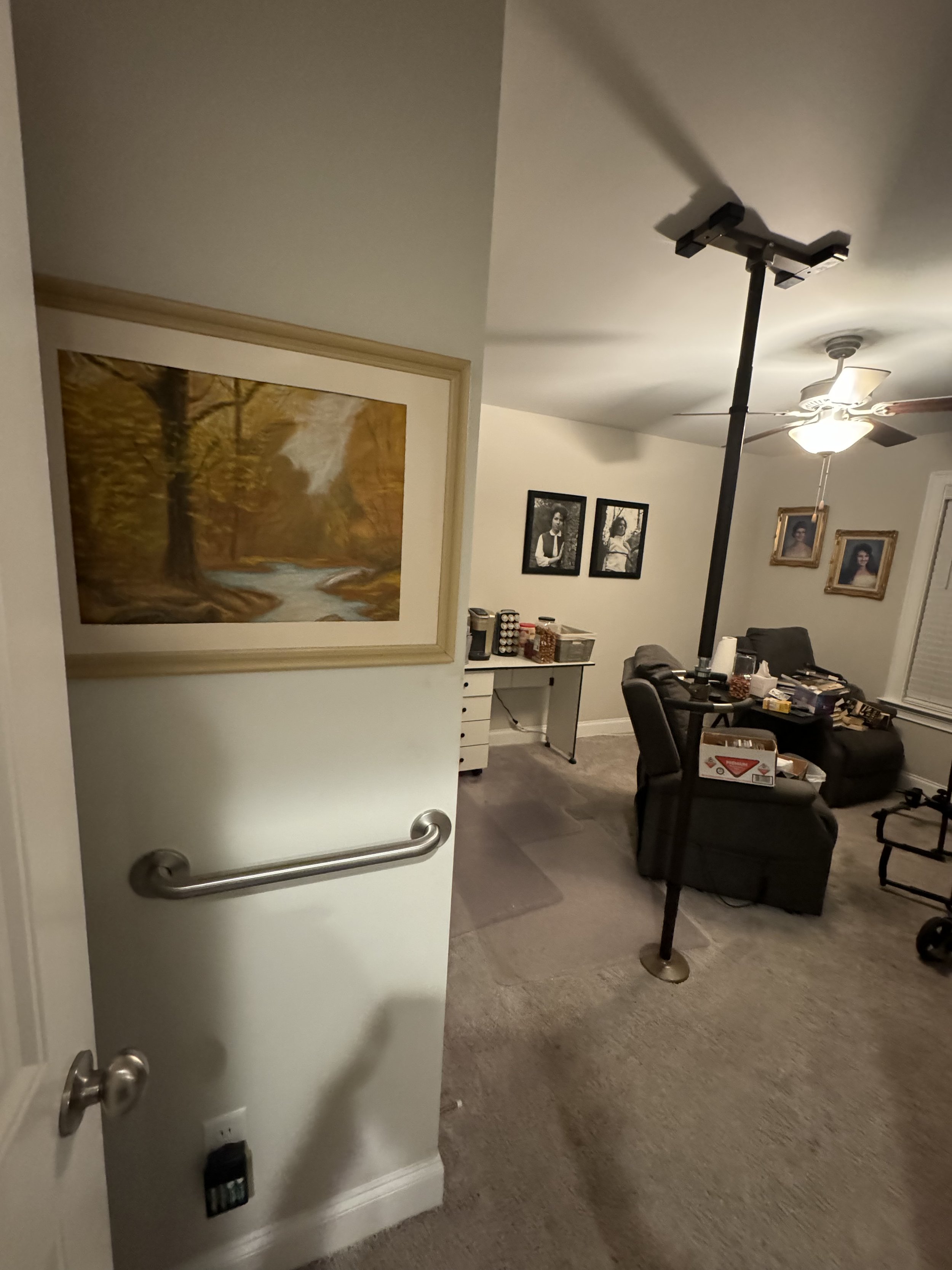 Grab bars installed on the wall next to a room entrance to provide added support and stability.