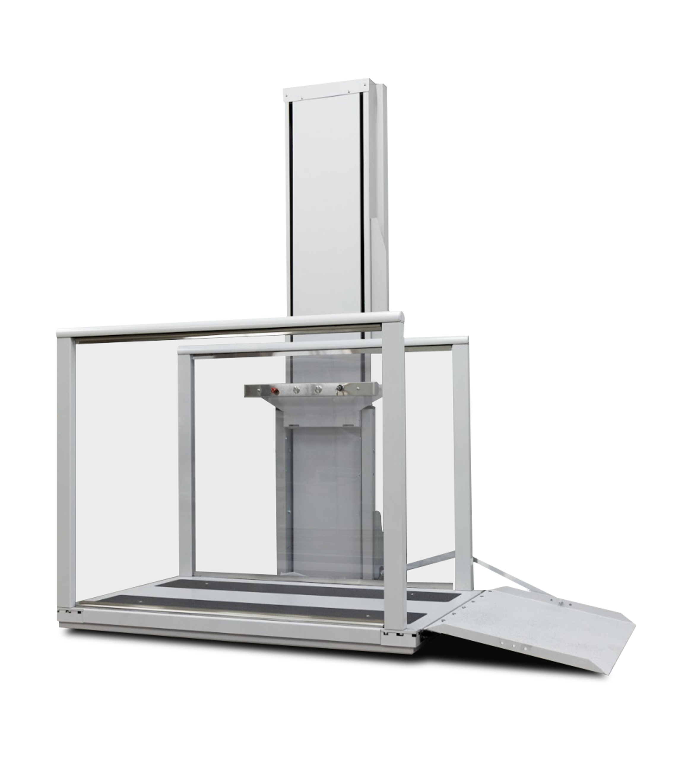 An Atlas wheelchair vertical platform lift for indoor and outdoor use.