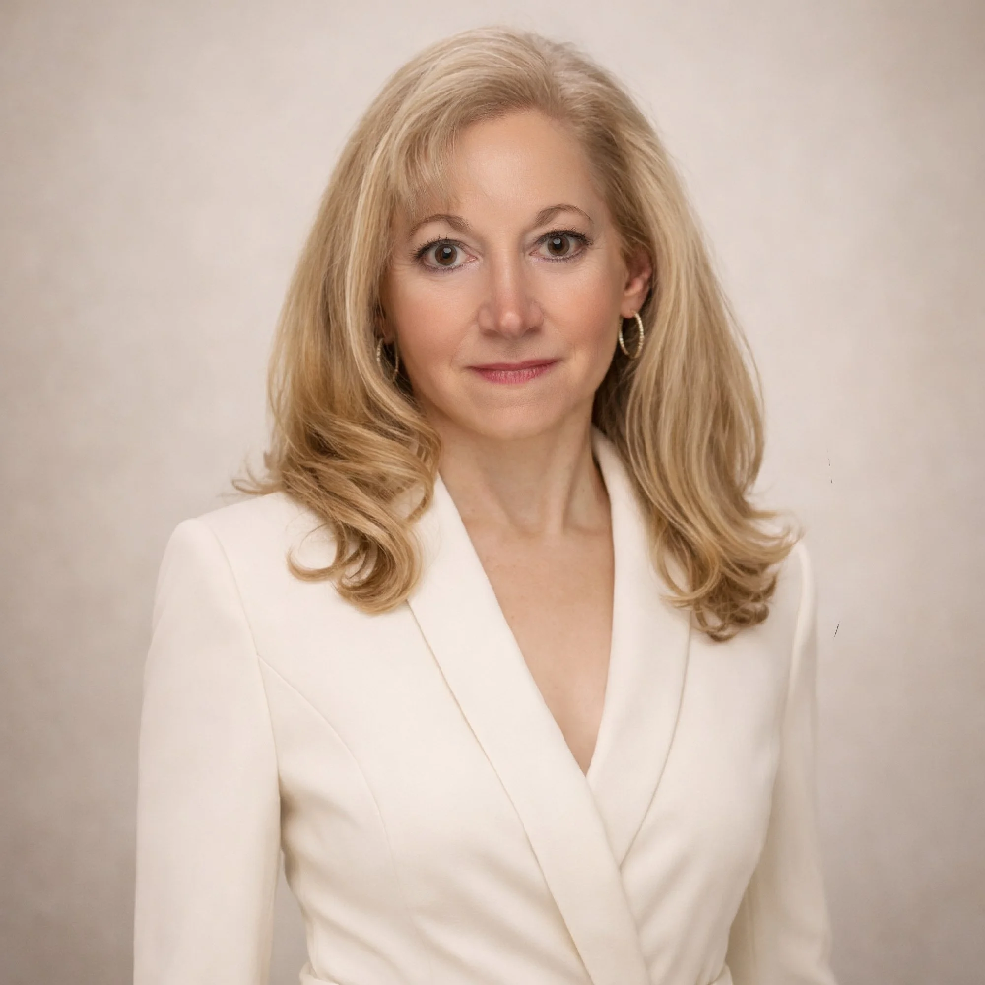 A woman with blonde hair wearing a white blazer and hoop earrings, posing against a plain light background.