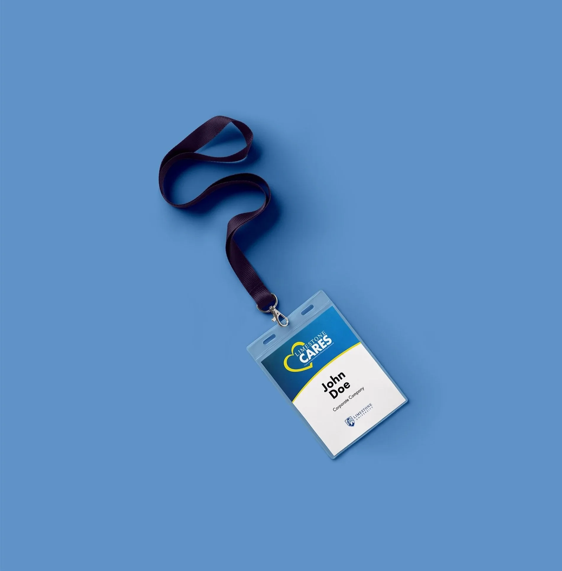 a name tag lanyard sitting on light blue background