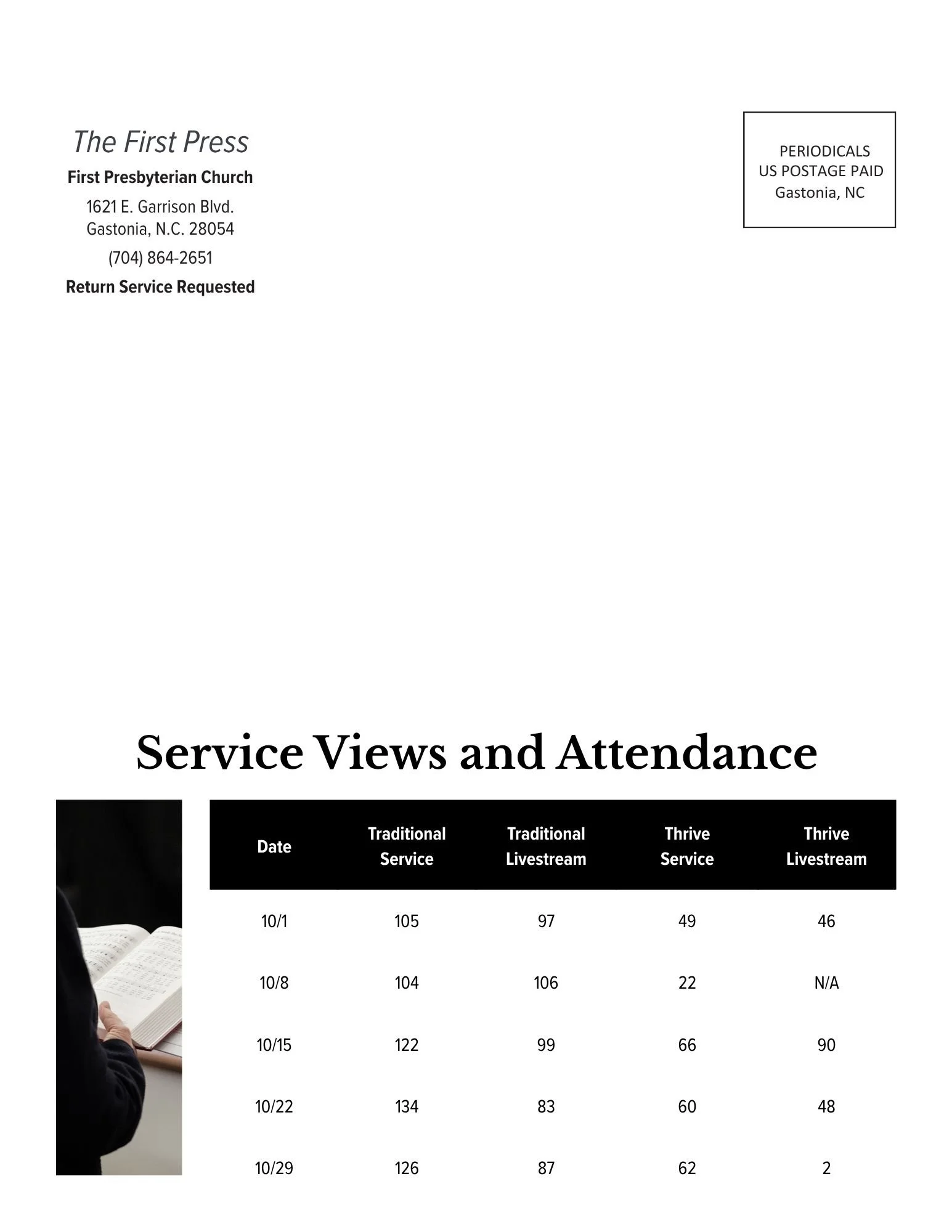 a church member holds open a hymnbook