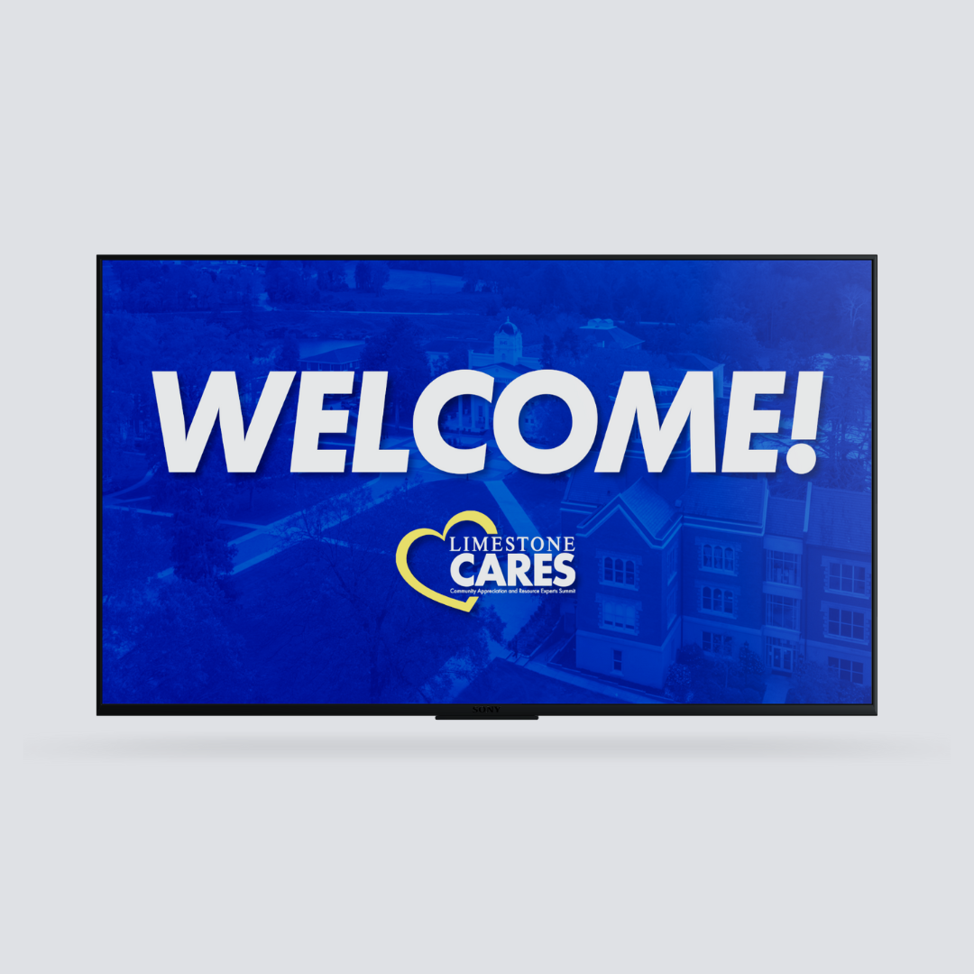 college welcome graphic on blue tv screen