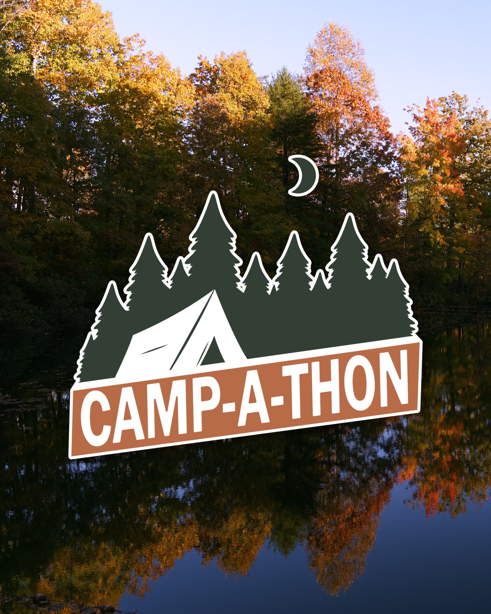 green and orange camping logo on an autumn lake background