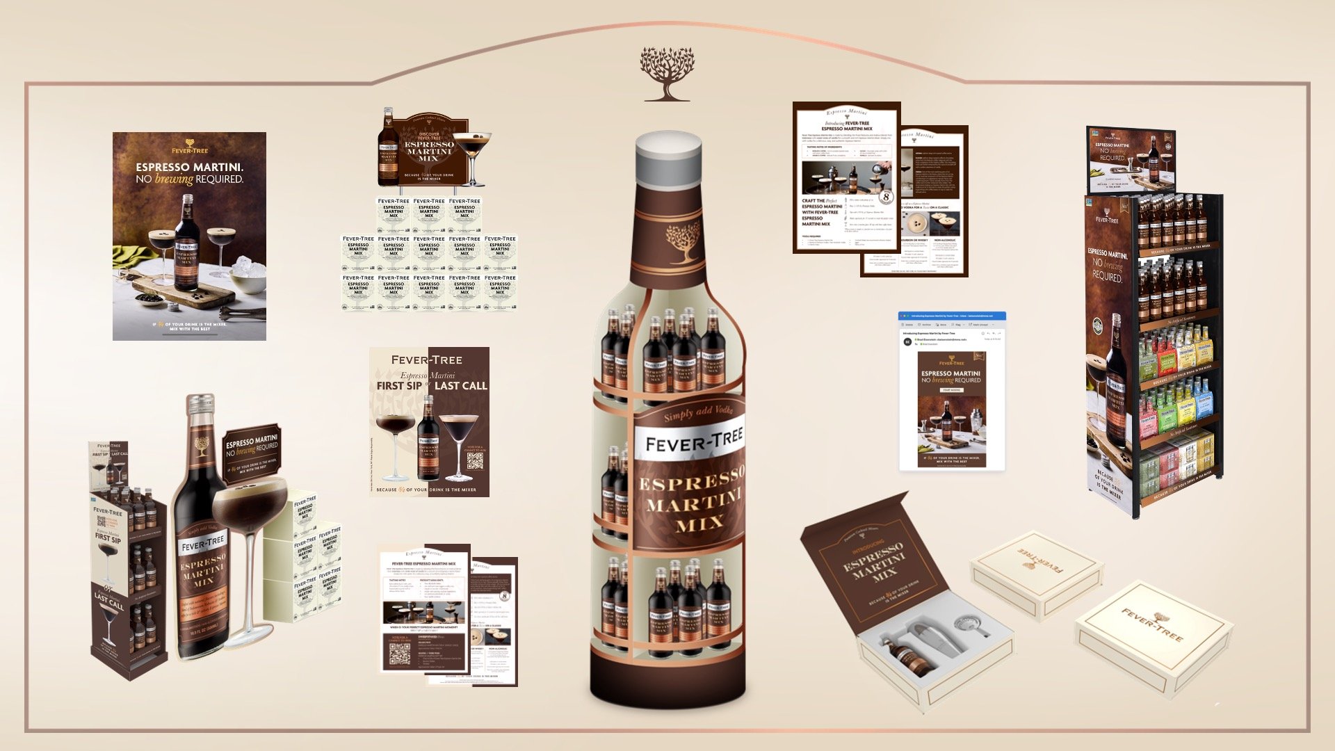 We developed a fully integrated suite of assets to support the launch across every touchpoint—from retail shelves to on-premise menus. Our work spanned everything from pole toppers, demo kits, and gift boxes to event materials, sell sheets, and digi