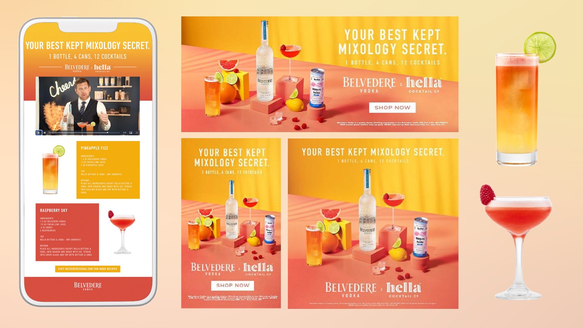 To deepen consumer interaction, we developed a digital extension of the campaign through a curated cocktail microsite. This add-on invited shoppers to explore the collaboration, discover easy at-home recipes, and find new occasions to enjoy Belveder