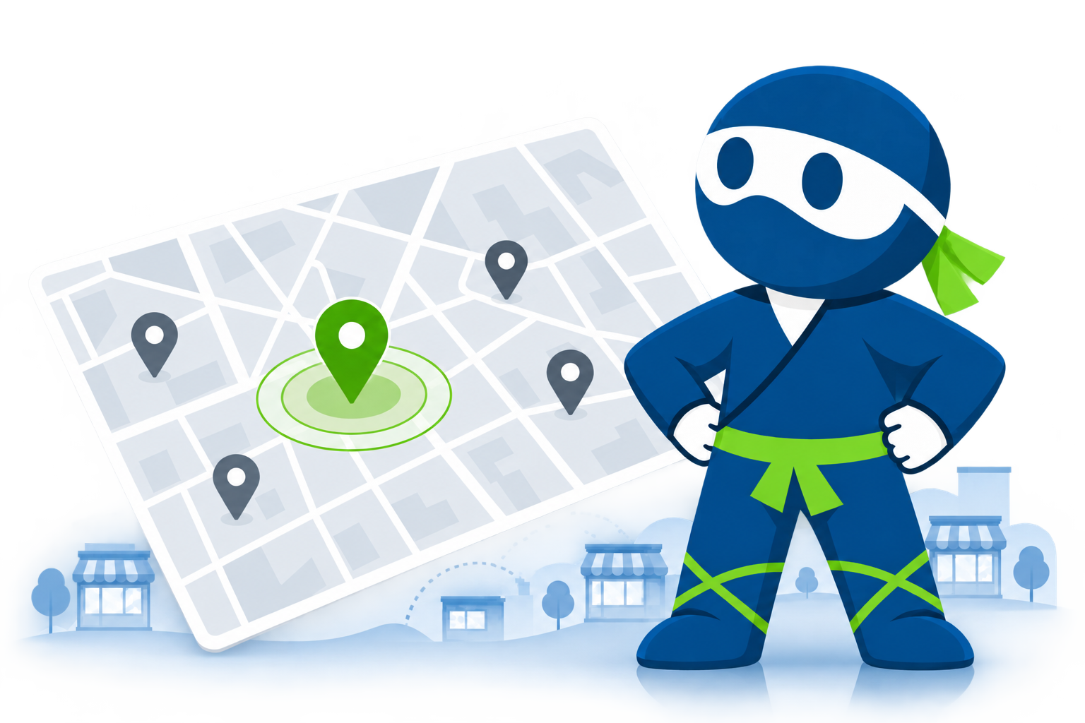 Franchise Ninja mascot beside a map with location pins marking a franchise territory