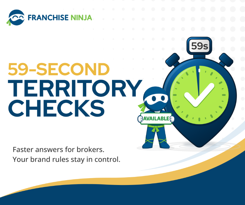 59-Second Territory Checks graphic with the Franchise Ninja mascot holding an Available sign beside a stopwatch