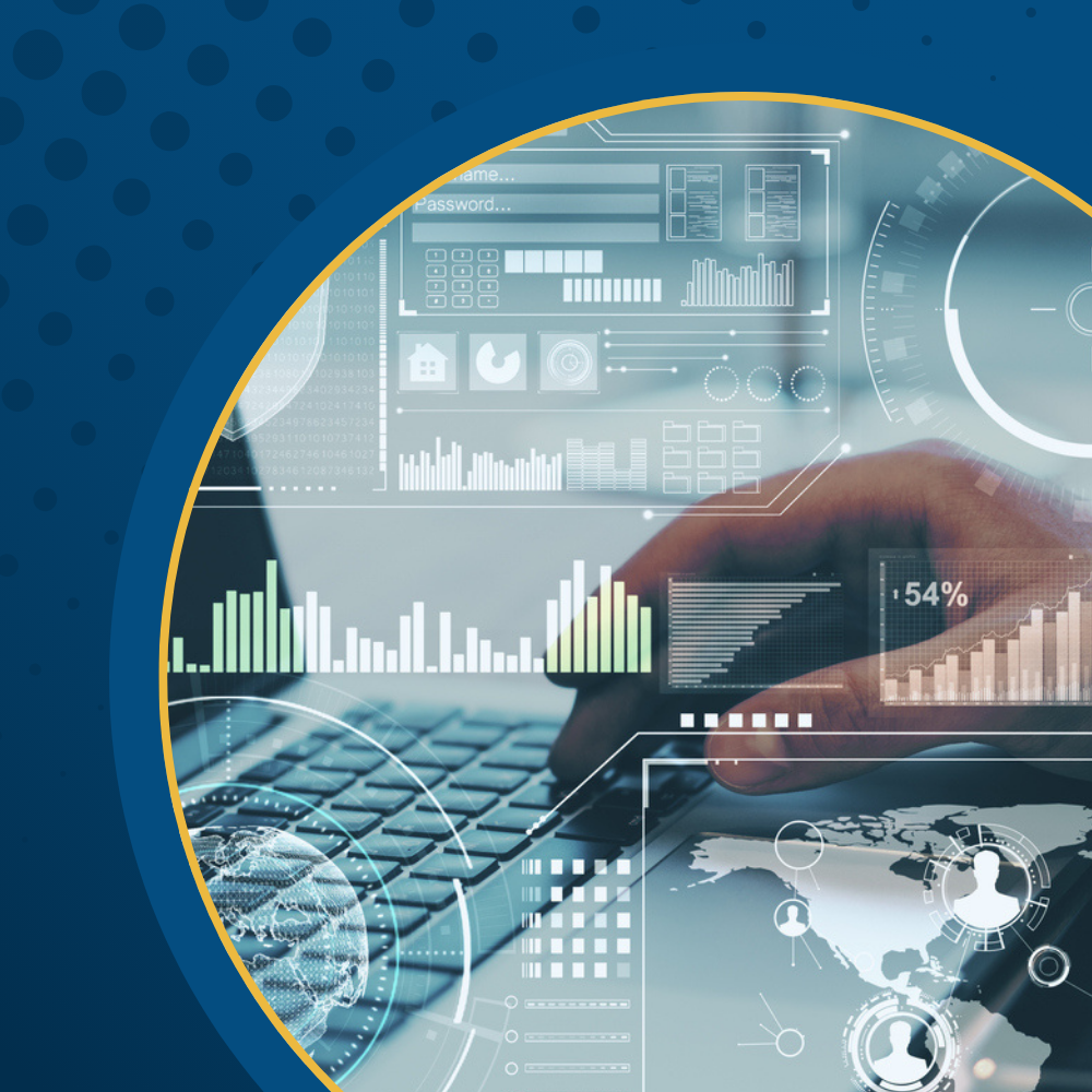 Hands on a laptop overlaid with data charts and analytics