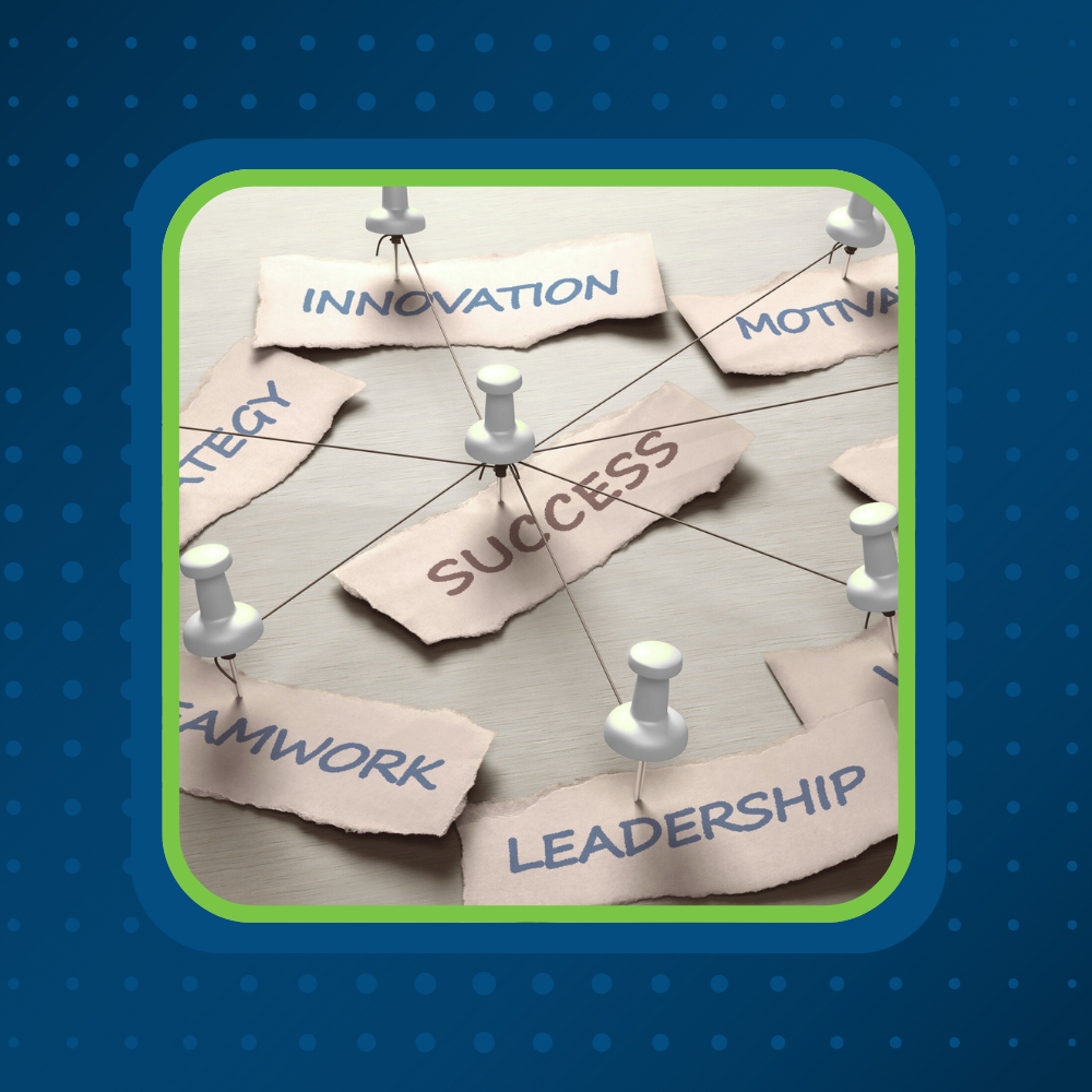 Pinned paper notes reading success, leadership, innovation, and teamwork connected by string