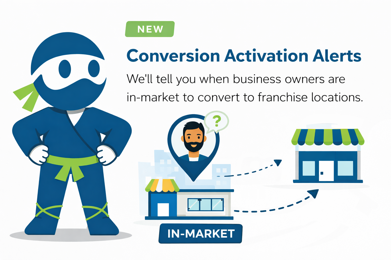 Conversion Activation Alerts: the Franchise Ninja mascot beside an in-market business owner ready to convert to a franchise location