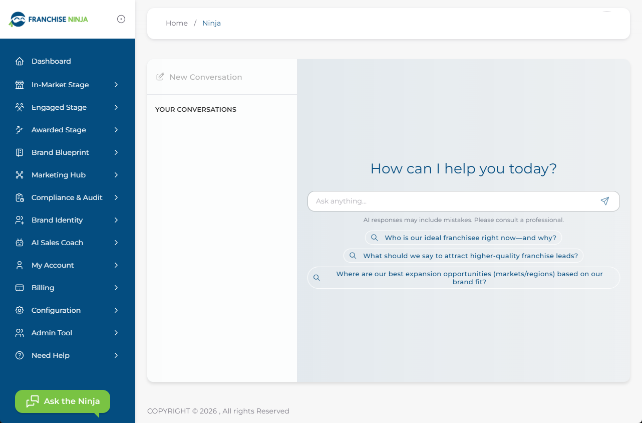 Screenshot of the Ask the Ninja AI assistant in the Franchise Ninja platform