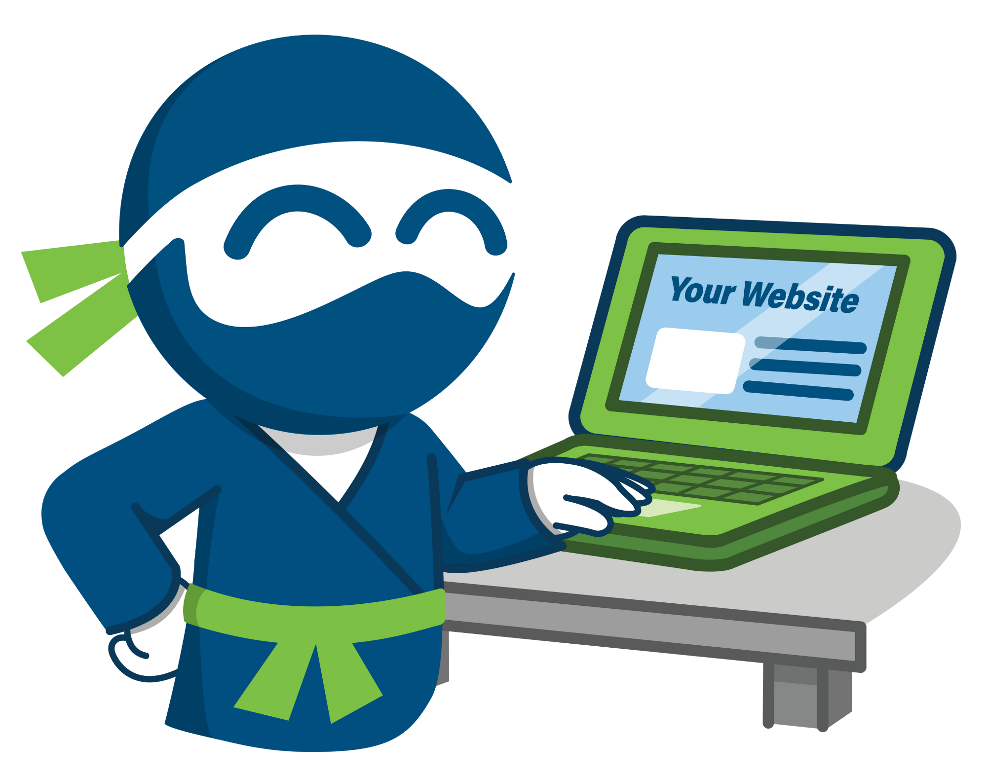 Franchise Ninja mascot at a laptop displaying Your Website