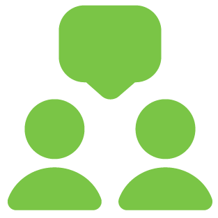A green icon of a person speaking to two others in a presentation or discussion.