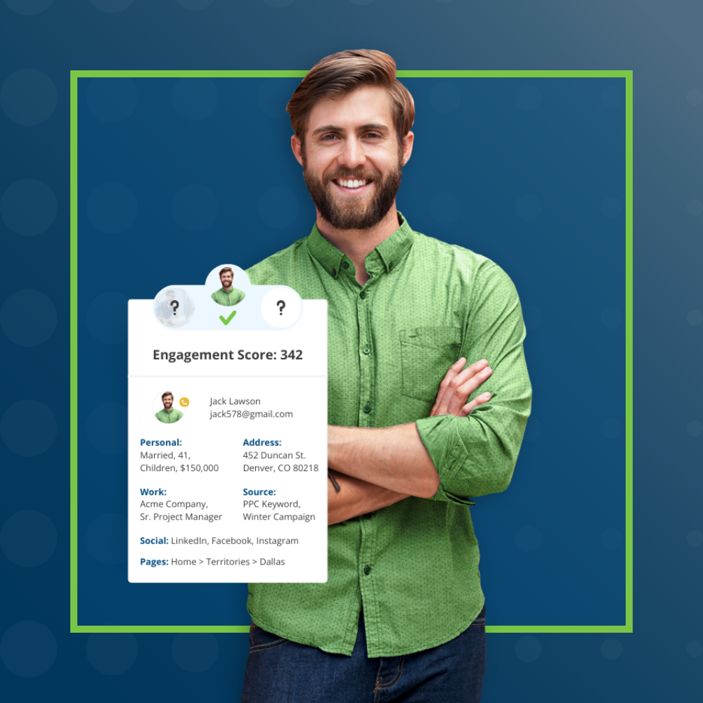 Smiling man beside a sample candidate engagement score card