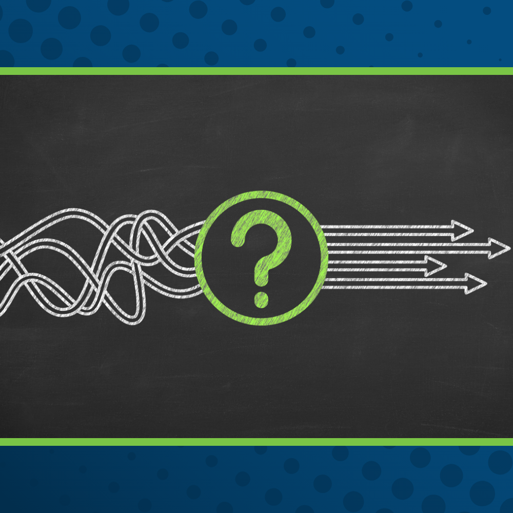 this is a chalkboard inspired graphic with a mess of squiggly lines that meet a question mark in a circle and then straighten out to individual lines with arrows on them pointing to the right
