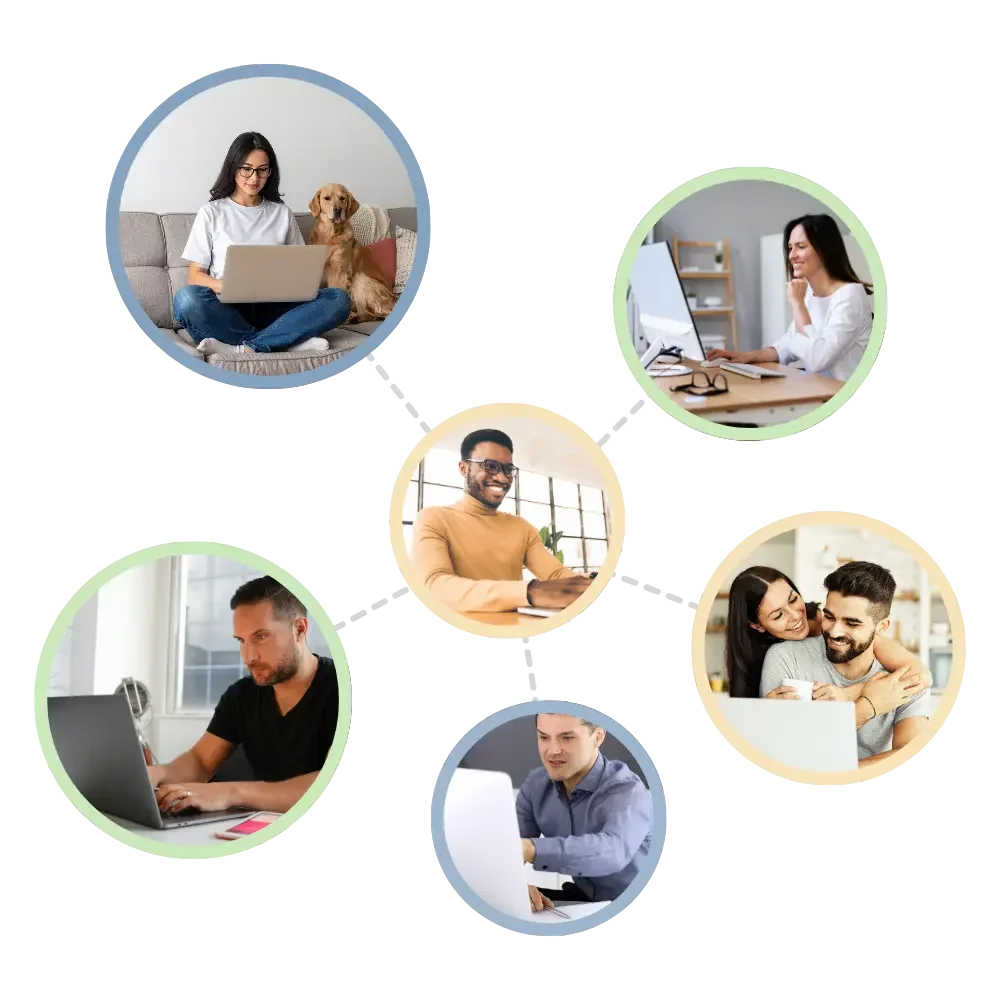 People researching business ownership online at home, connected in a network of franchise research activity