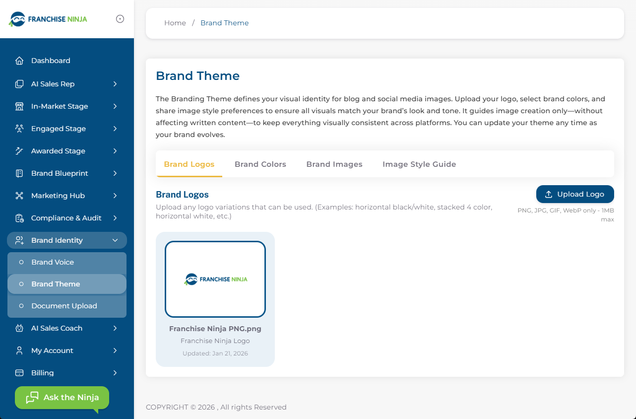Screenshot of the Brand Theme settings in the Franchise Ninja platform