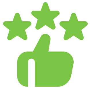 Green five-star rating symbol with a thumbs-up icon below