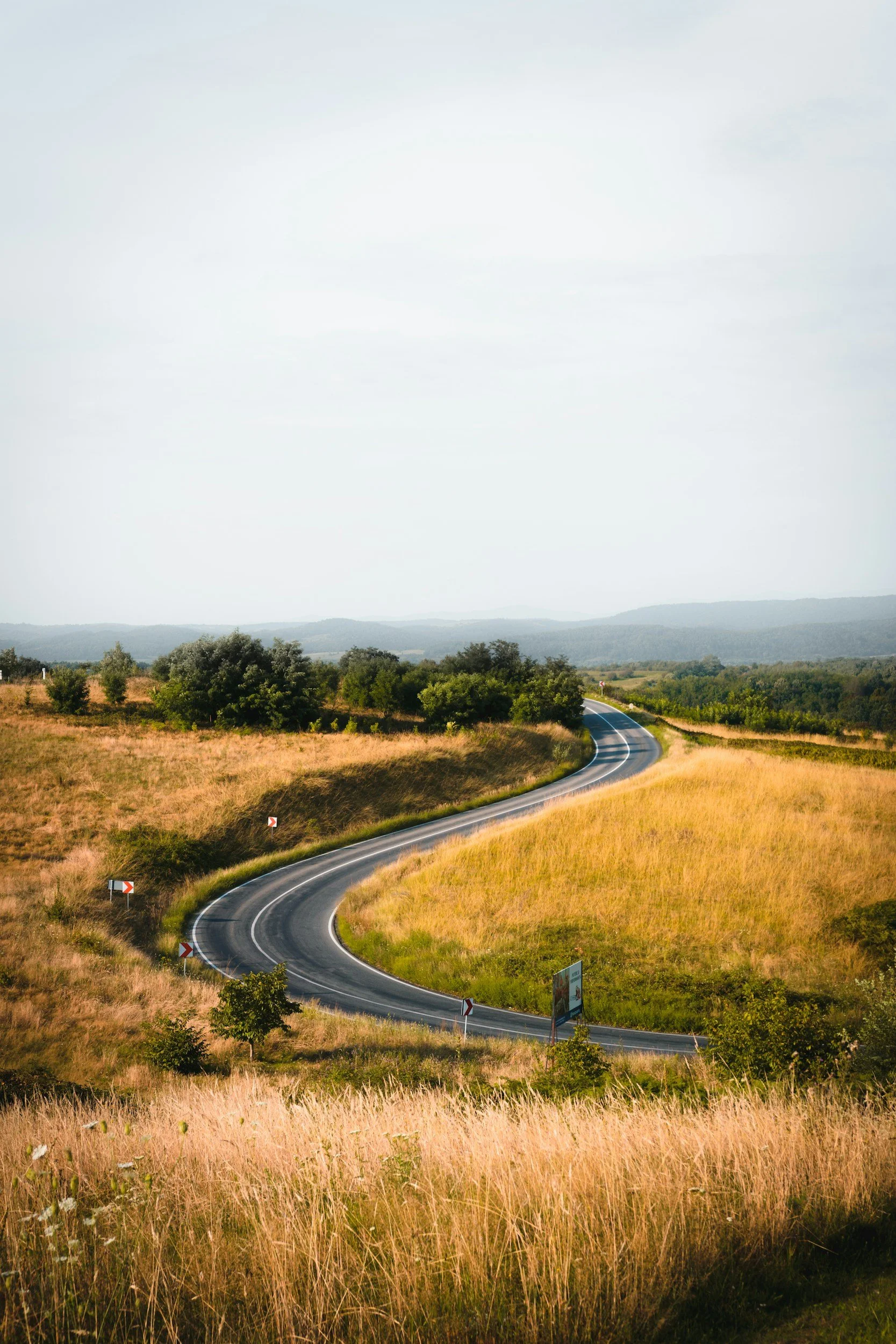A winding country road passing through grassy fields and trees, with slow curvature signs and distant hills under a clear sky.