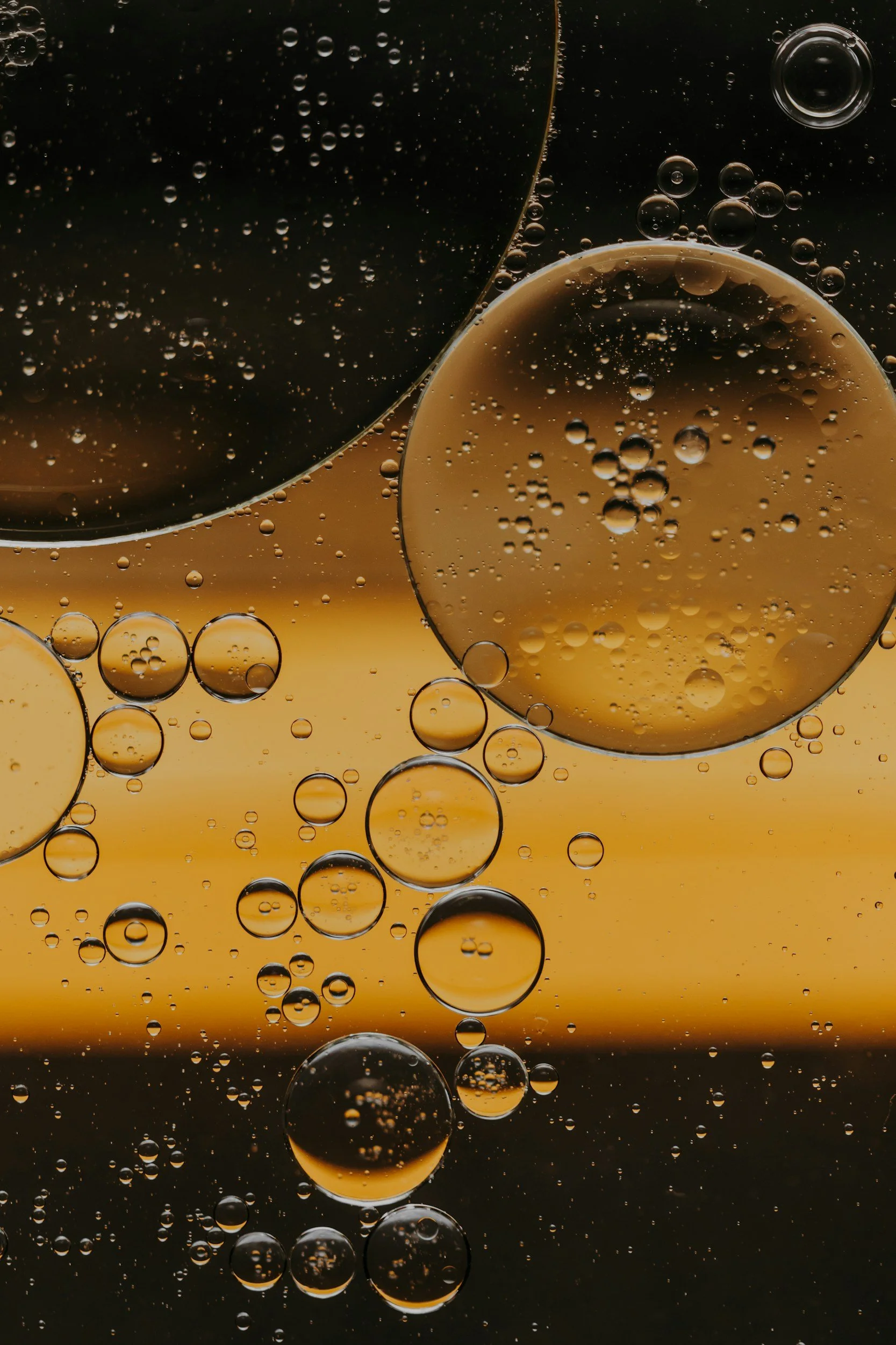 Close-up of oil droplets in water with a sunset in the background.