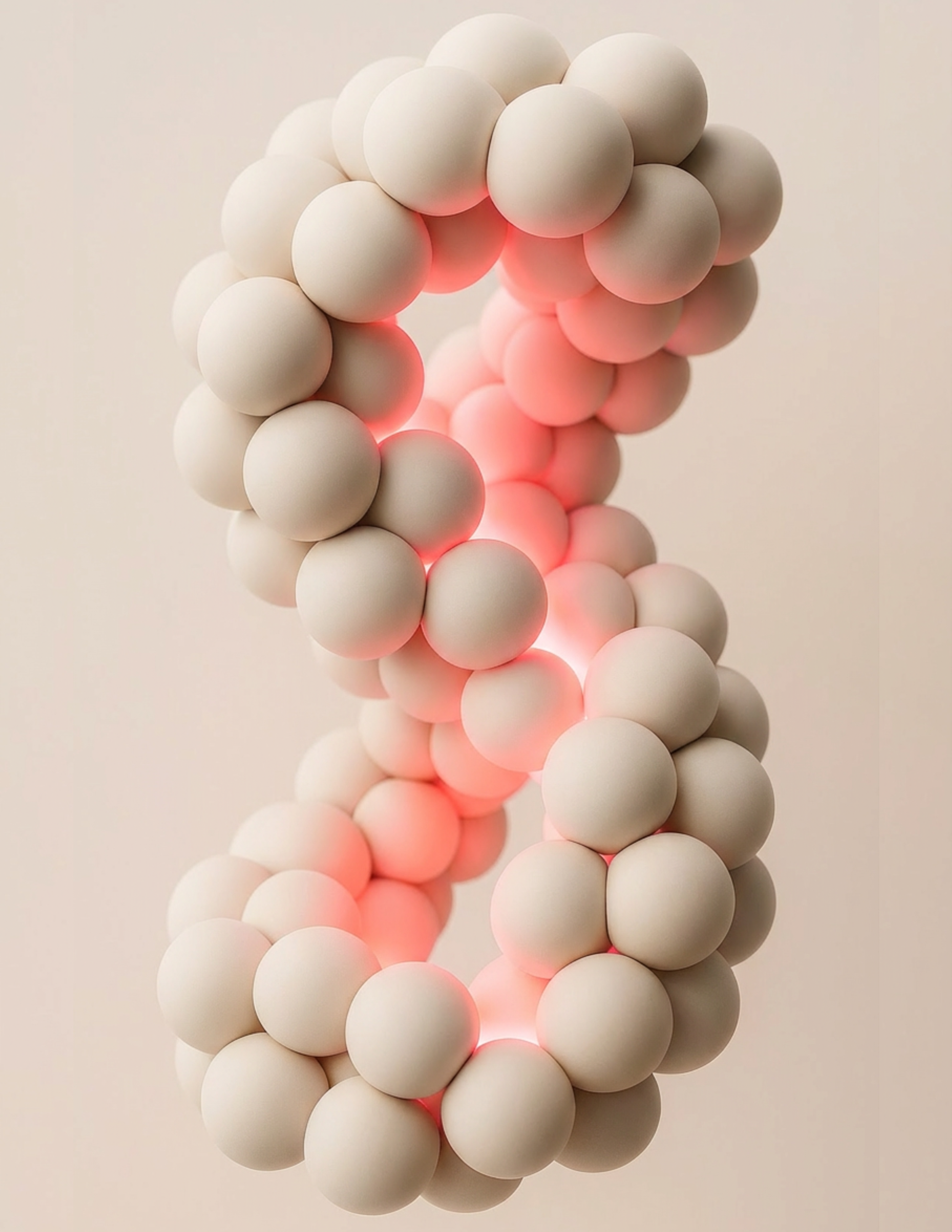 A close-up 3D rendering of a DNA double helix strand with a neutral background with glowing particles.