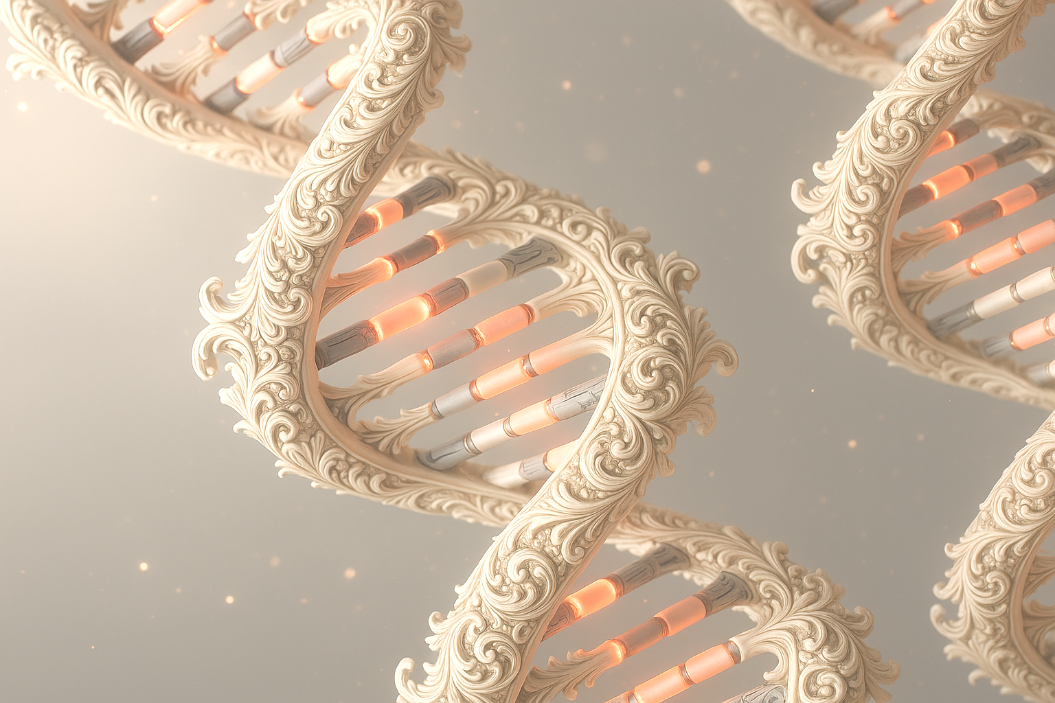 Decorative DNA double helix models with ornate scrollwork, illuminated with warm lighting, floating against a neutral background.