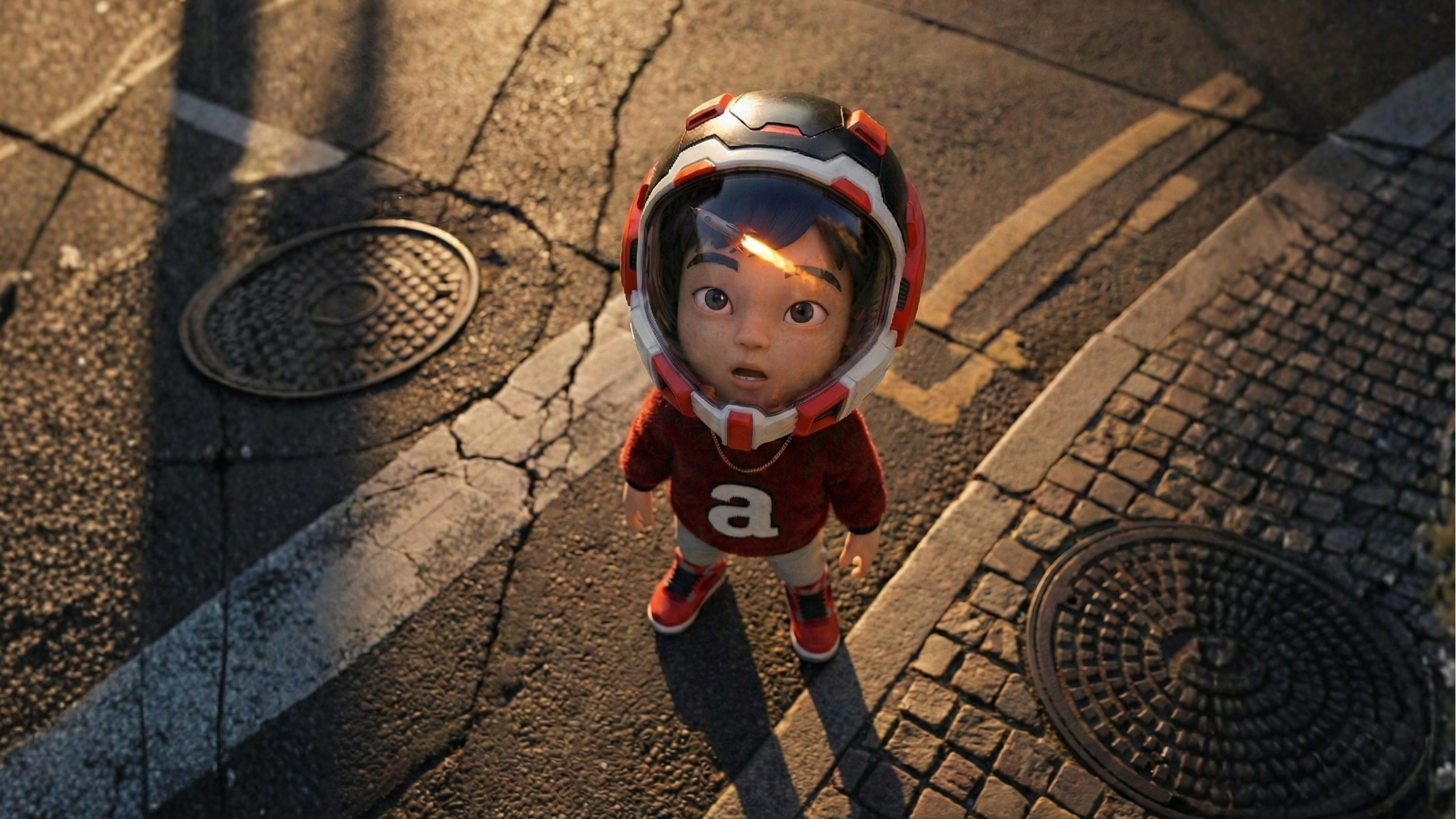 A boy standing on the street wearing a helmet and a red sweater with a white 'a' on it, looking up with an expression of surprise, with sunlight casting his shadow on the ground.