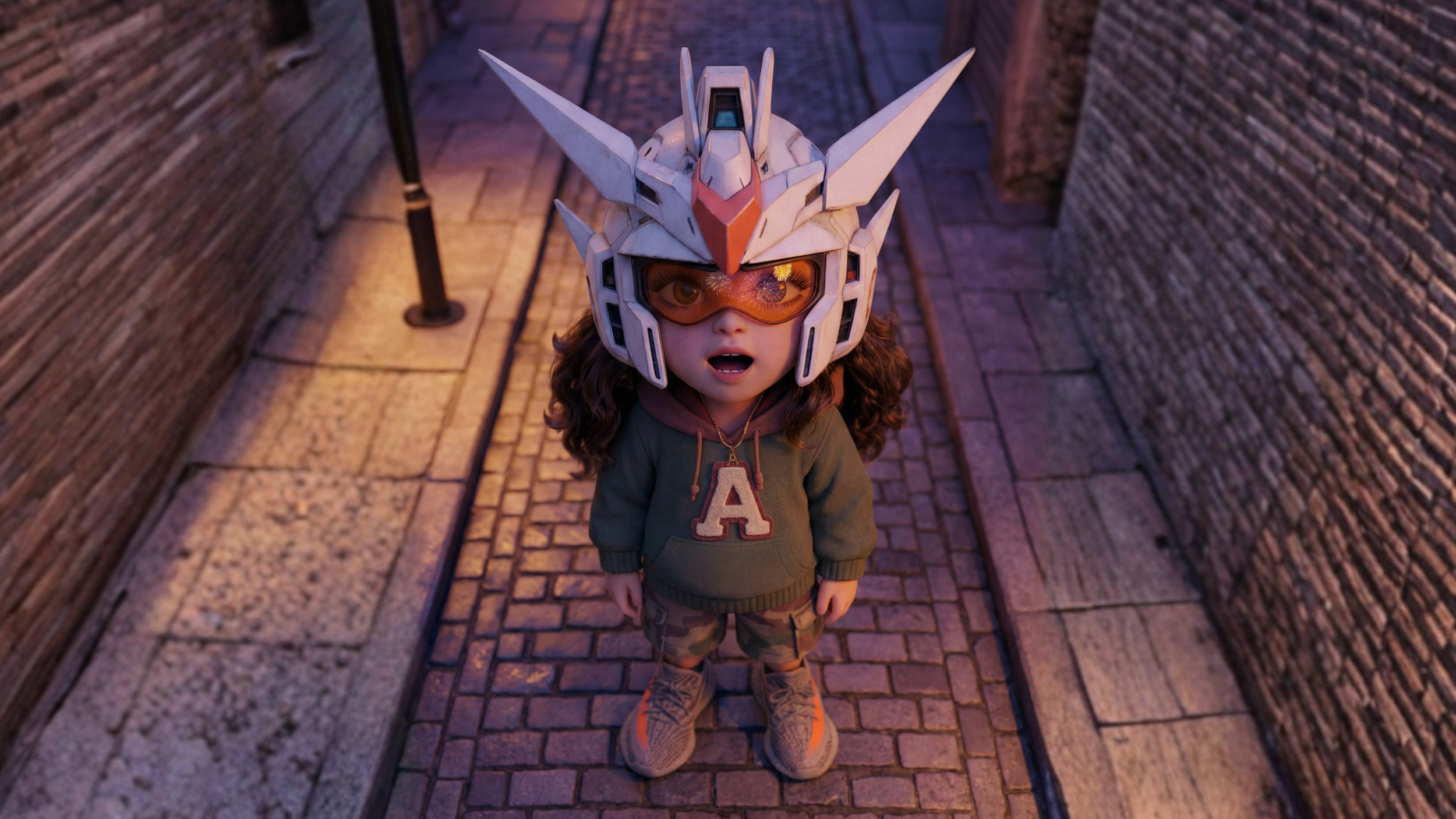 A girl wearing a superhero helmet and goggles, standing in a cobblestone alleyway, looking surprised or amazed.
