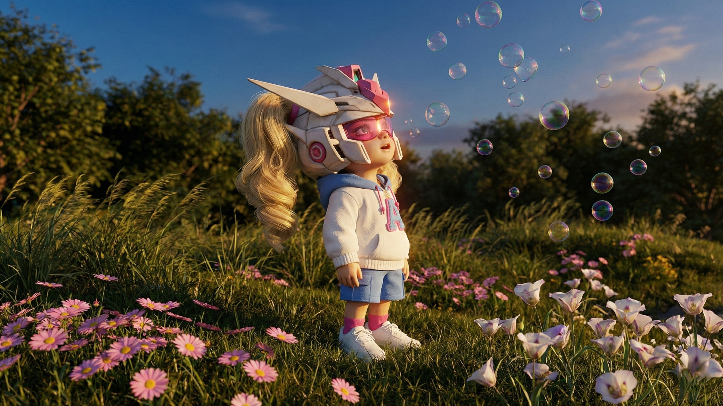 Animated girl wearing a superhero helmet and pink goggles, standing in a field of pink and white flowers, watching soap bubbles in the sky during sunset.