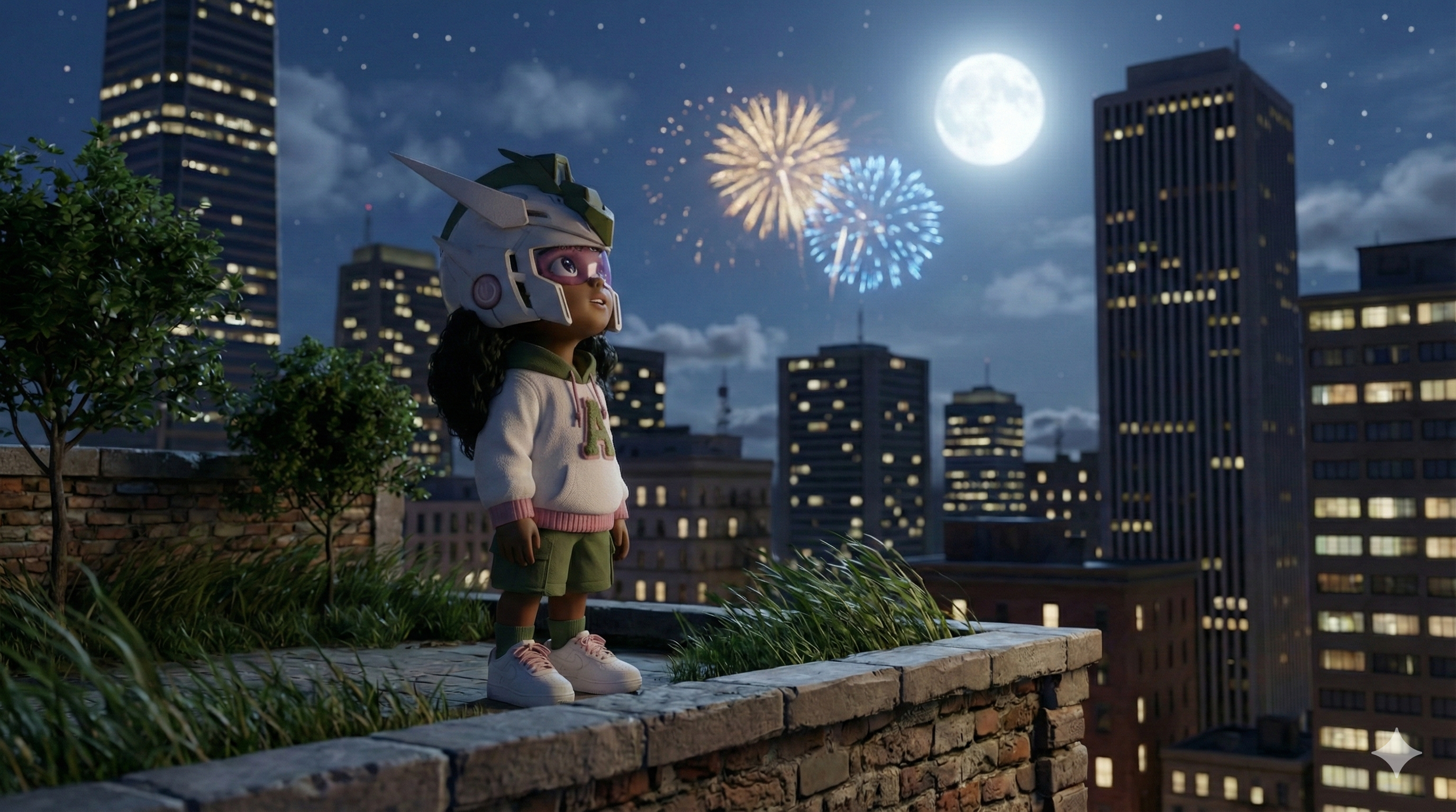 A girl wearing a space-themed helmet and casual clothing stands on a brick rooftop at night, gazing at fireworks in the sky with a full moon and city skyline in the background.