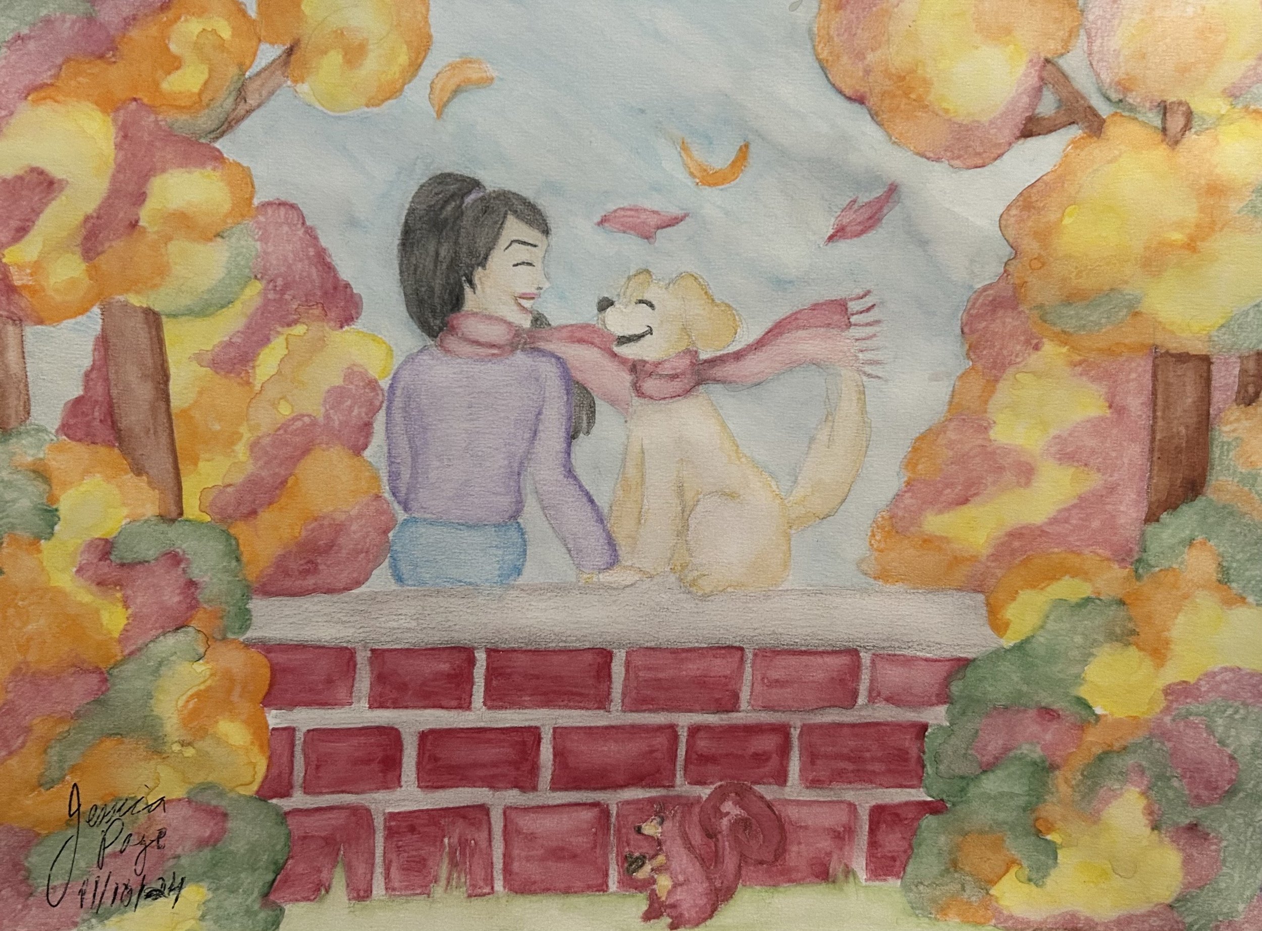 A Girl and Her Dog (watercolor pencil)