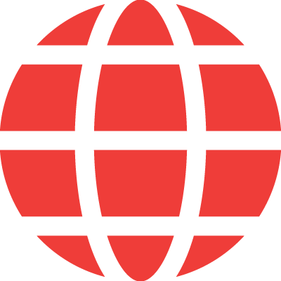 A red stylized globe with black grid lines.