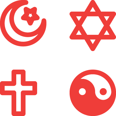 Illustrations of religious symbols including a Muslim crescent moon and star, a Jewish Star of David, a Christian cross, and a Taoist yin-yang symbol.
