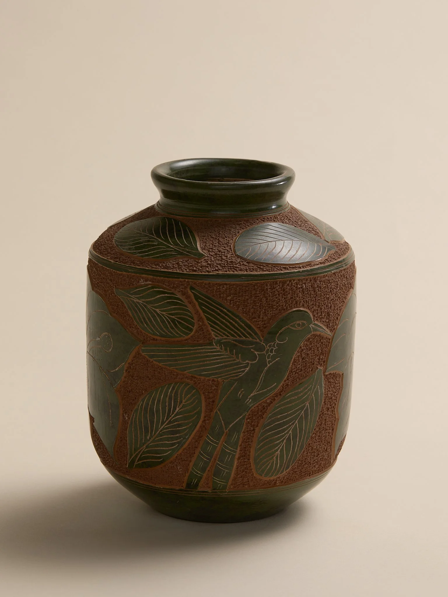 The Bird and Leaf Carved Ceramic Vintage Vase
