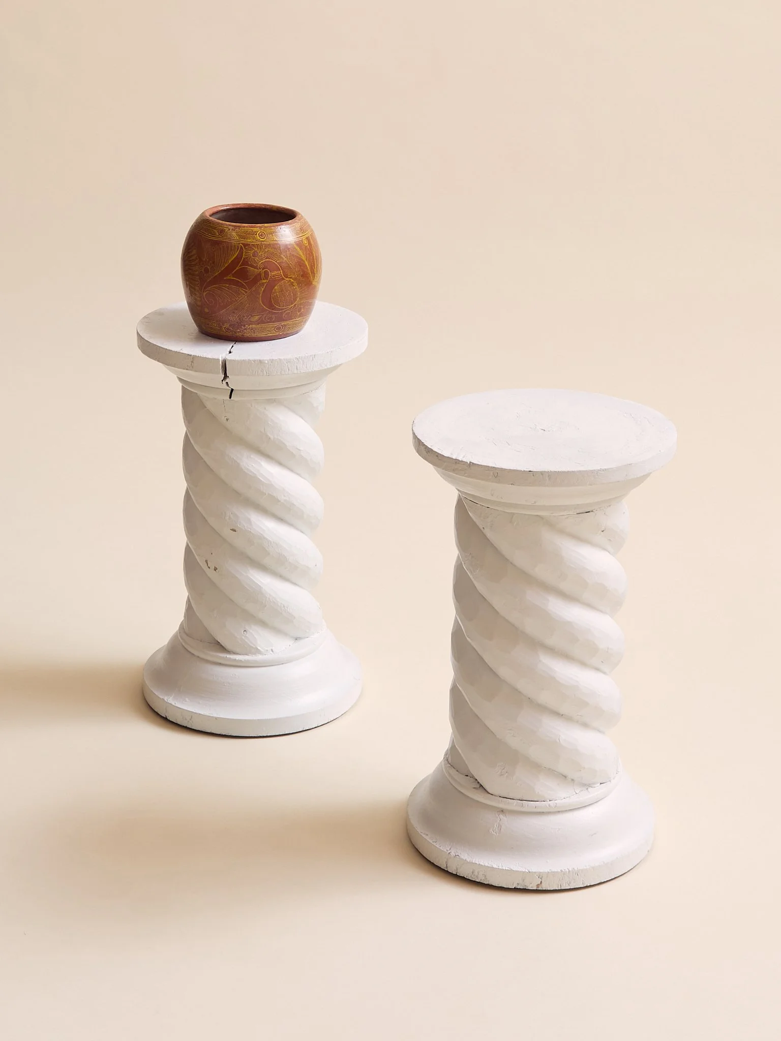 The Hand Carved Painted Wood Twist Column Side Tables, 1 Available