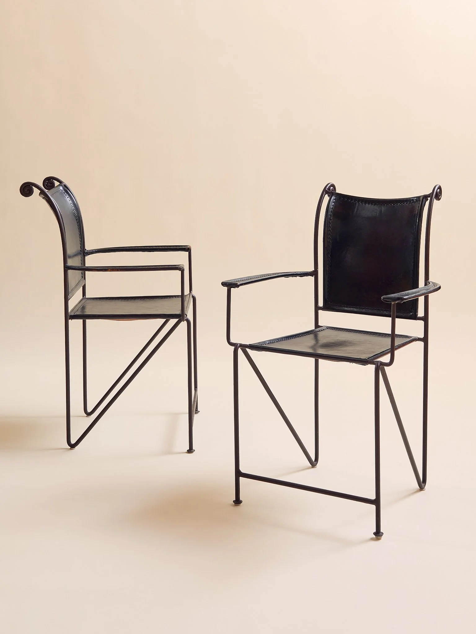 The Vintage Spanish Wrought Iron & Leather Scroll-Back Armchair, 2 Available