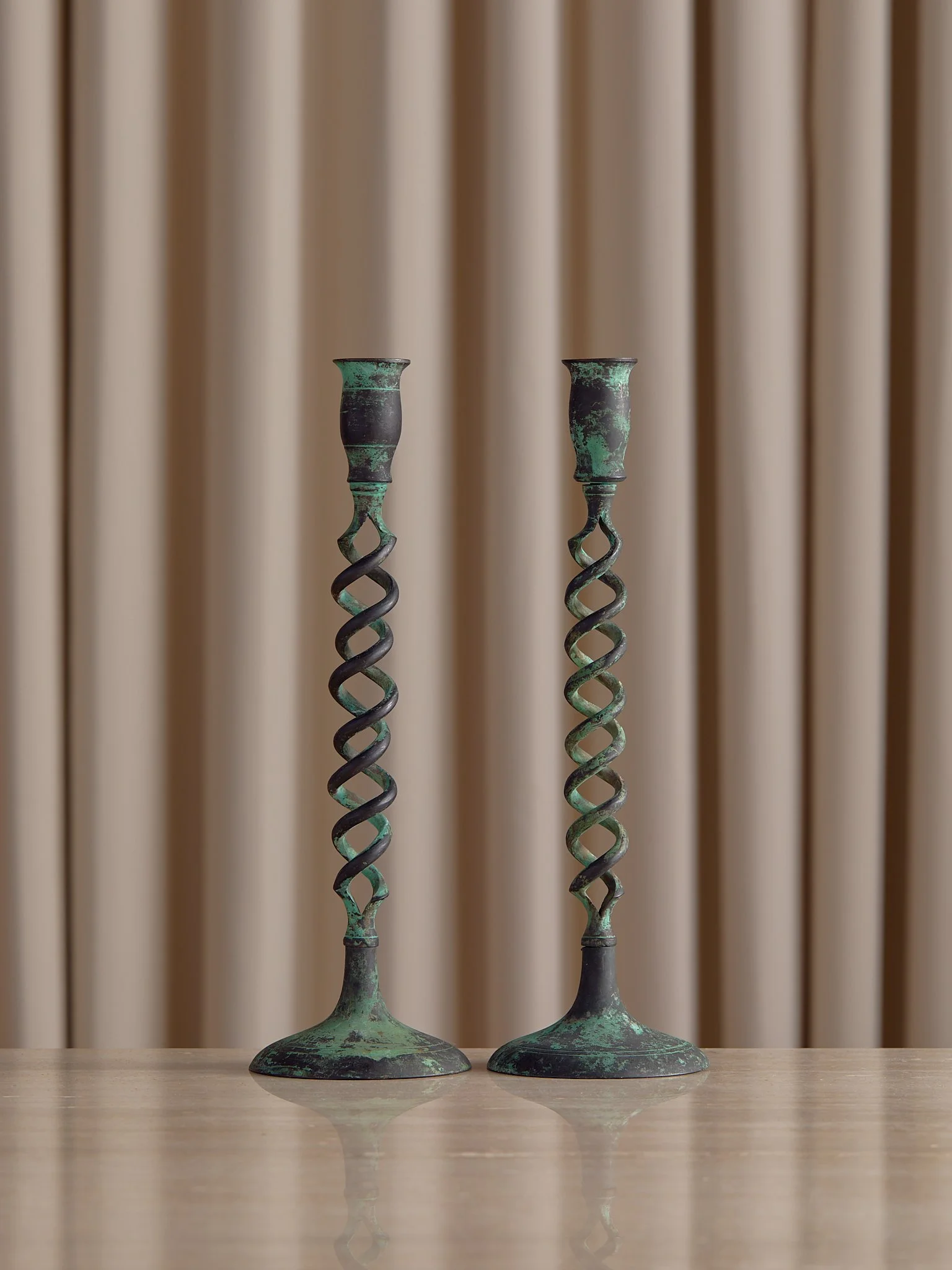 The Vintage Copper Patina Twist Candlestick Set