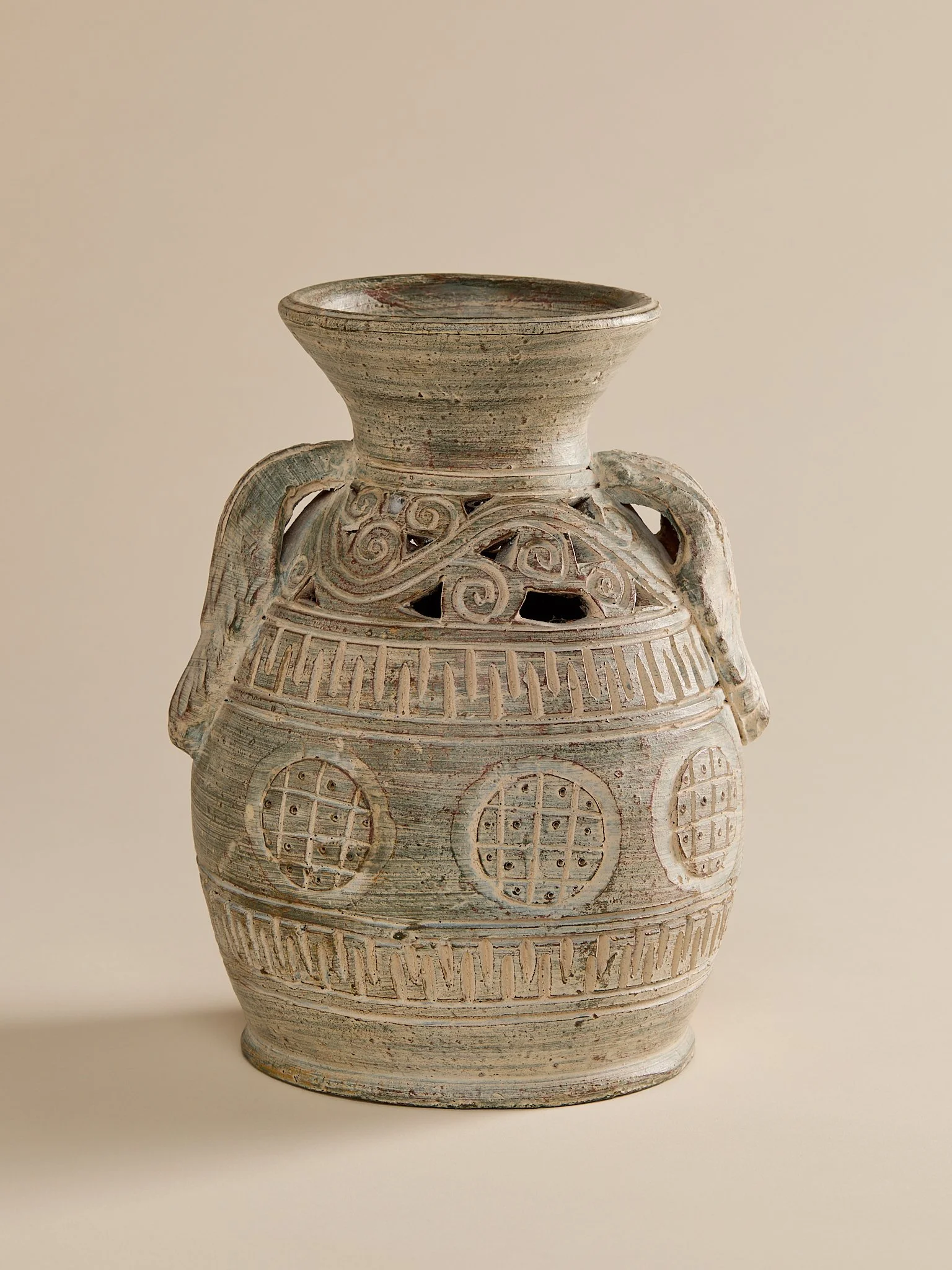 The Vintage Ceramic Green Intricately Carved Vase