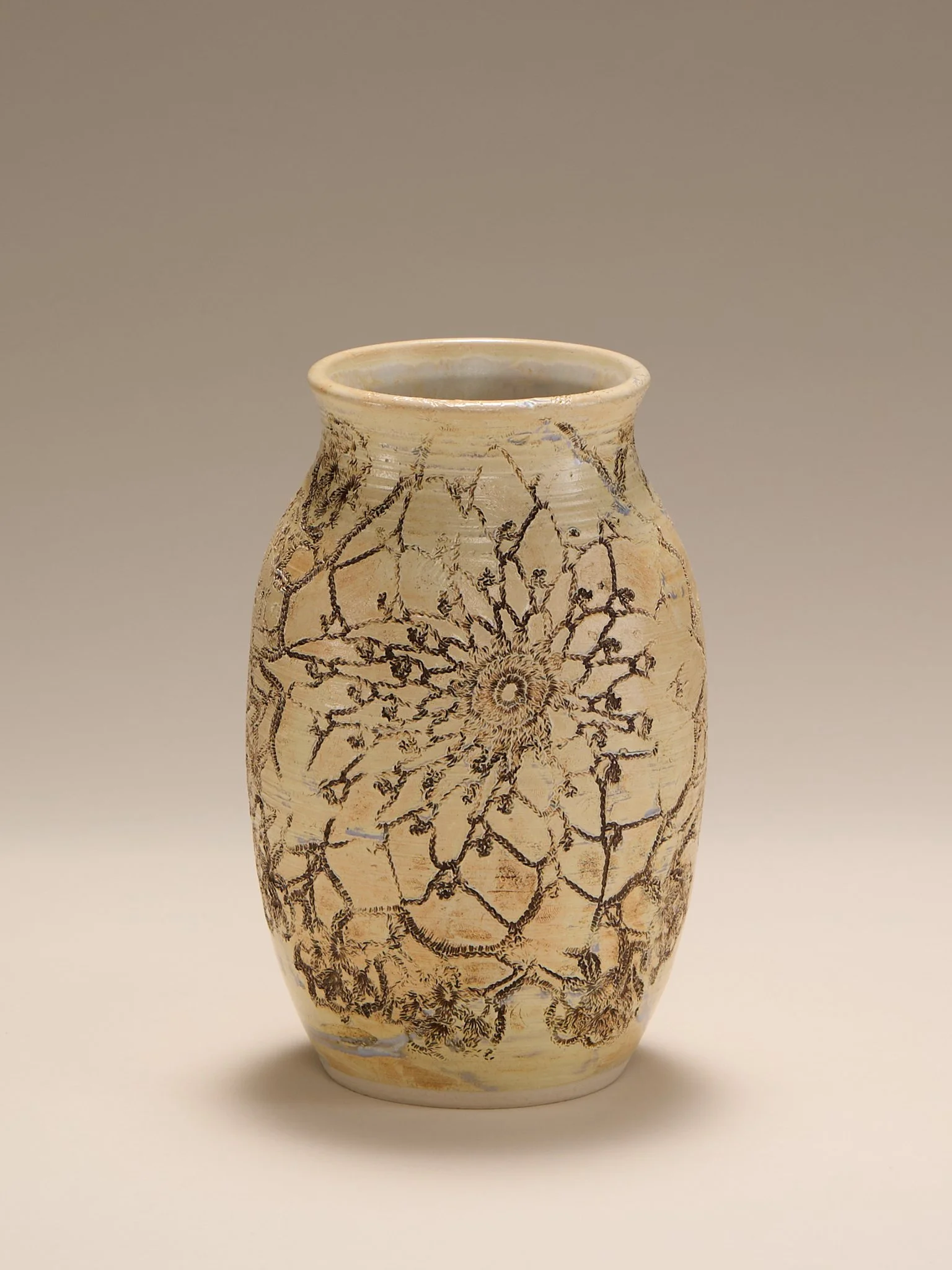 The Vintage Signed Studio Pottery Vase with Hand-Carved Botanical Mandala Design