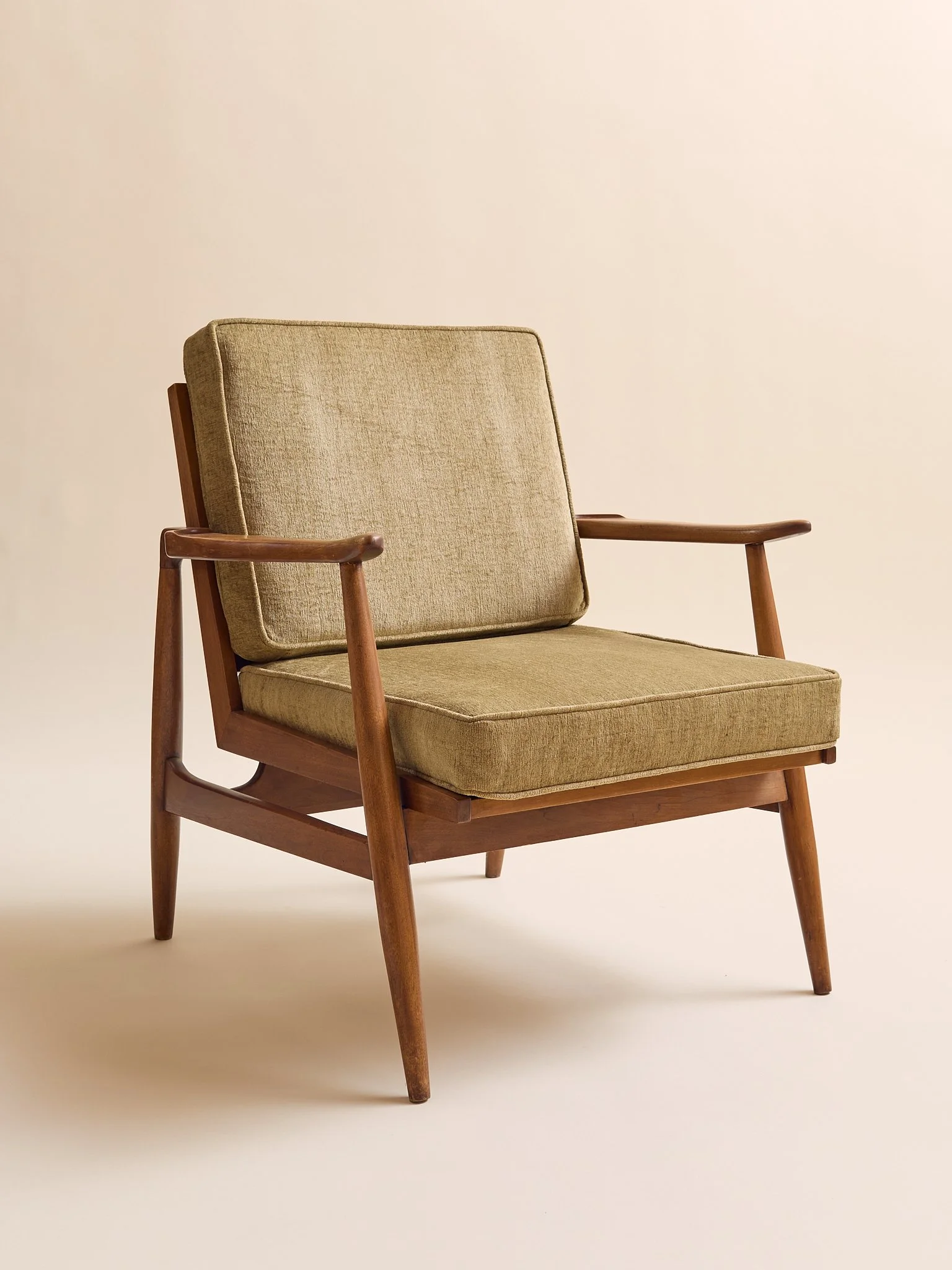 The Vintage MCM Teak Exposed Frame Arm Chair, Newly Upholstered