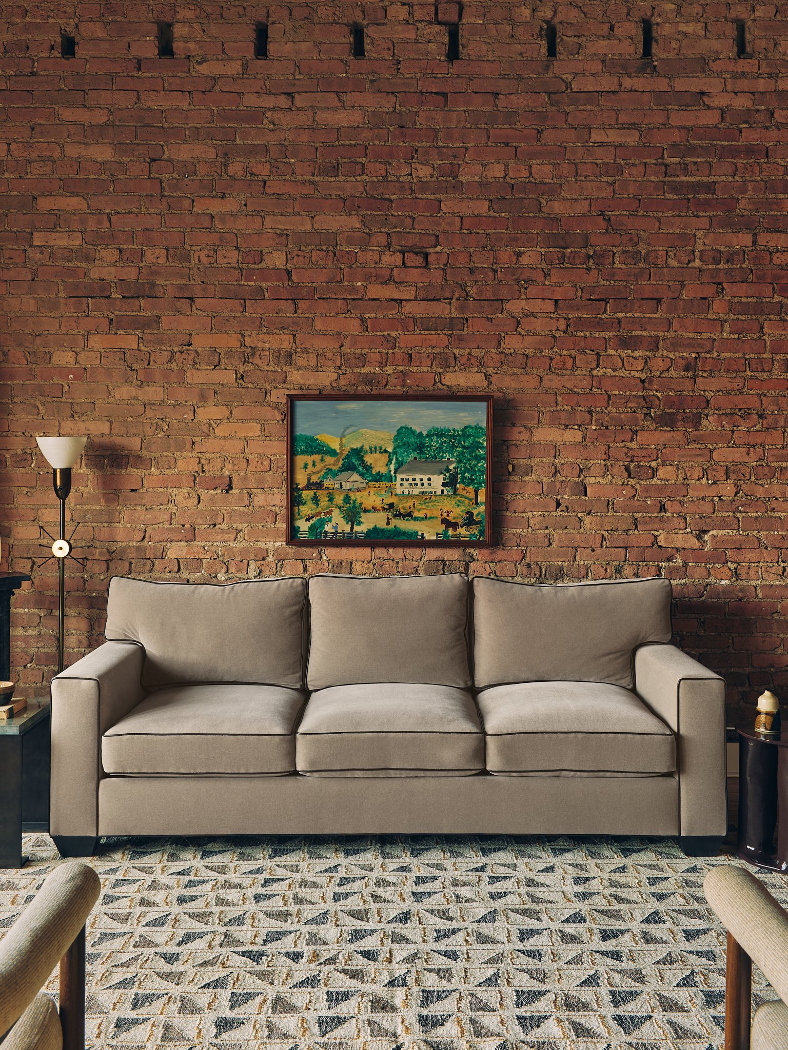 The Vintage Beige Mohair Sofa with Chocolate Brown Leather Contrast Piping