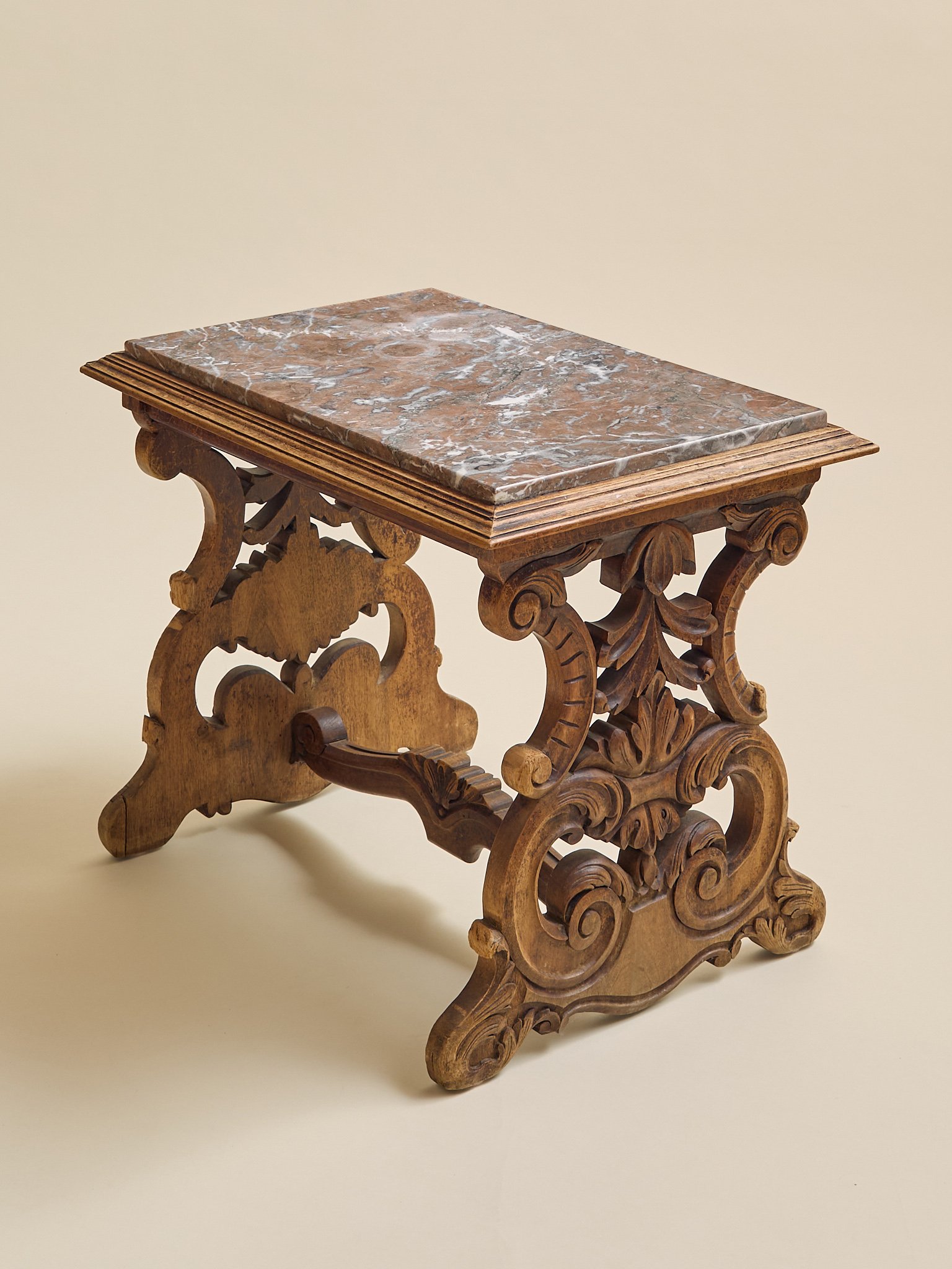 The Antique Rose Marble and Carved Wood Side Table