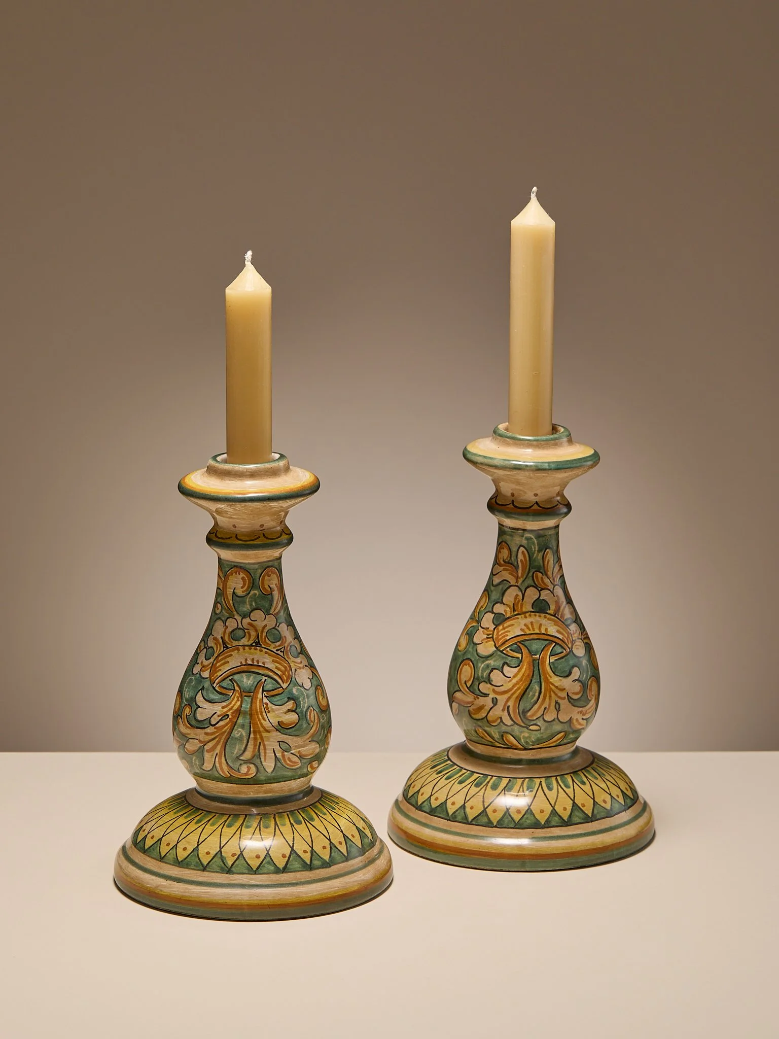 The Vintage Pair of Hand-Painted Italian Ceramic Candlesticks