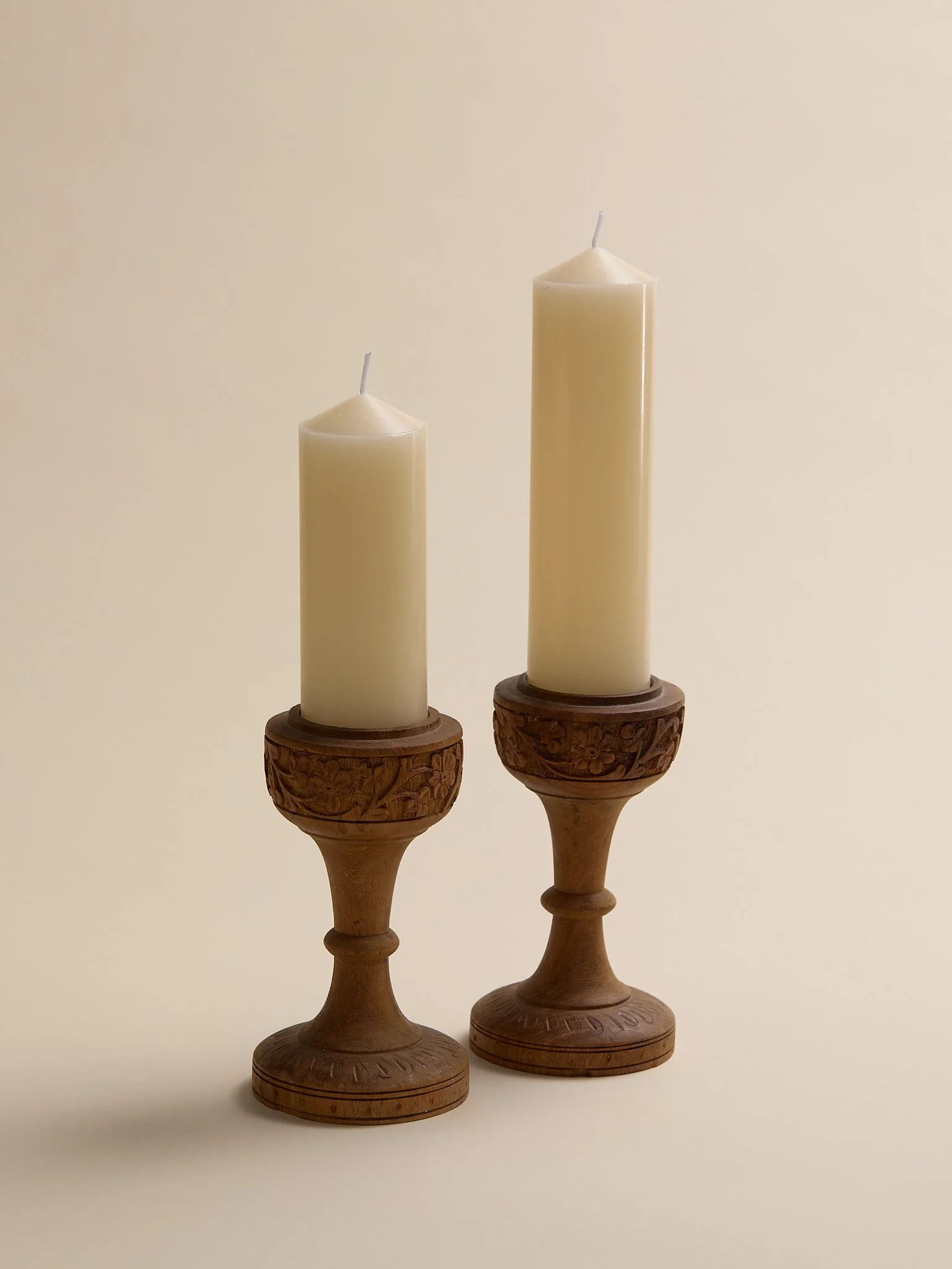 The Carved Wood Floral Motif Vintage Pillar Candle Holders