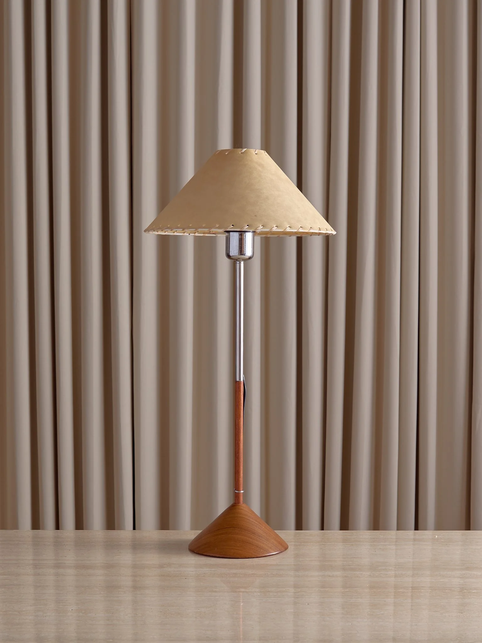 The Vintage MCM Wood & Chrome Thin Lamp with Whipstitch Shade